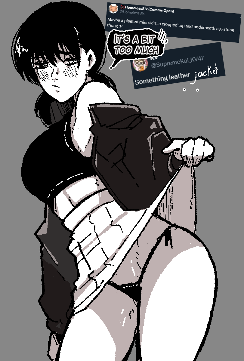 1girls, black hair, chainsaw man, english text, female, female only, g-string, jacket, mark gavatino, mitaka asa, panties, solo, text, thighs, thong, wide hips