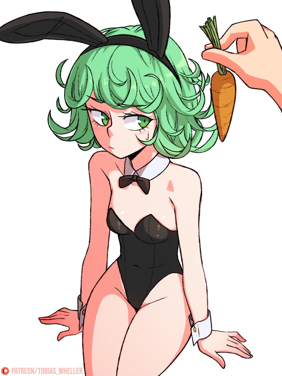 1girls, bunny girl, bunnysuit, carrot, female, female focus, green eyes, green hair, leotard, male, one-punch man, tatsumaki, tobias wheller
