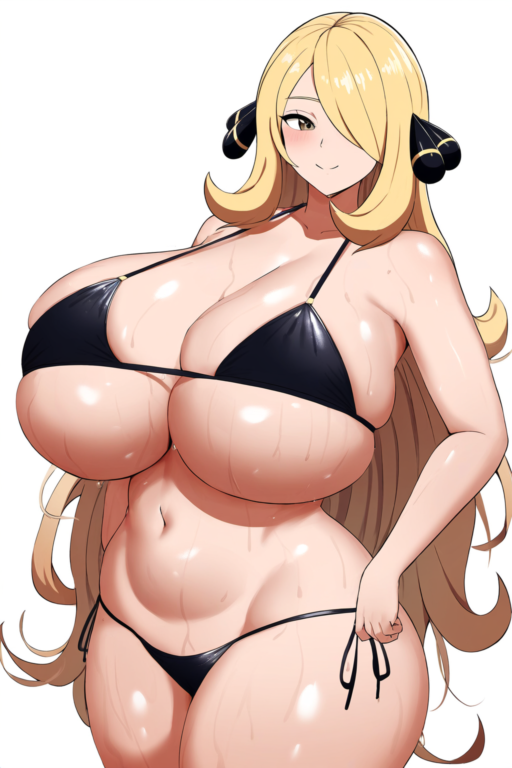 1girls, ai generated, bikini, blonde, blonde female, blonde hair, breasts, curvy, cynthia (pokemon), fat, female, huge breasts, mature, mature female, novelai, pokemon, self upload, solo, solo female, white background