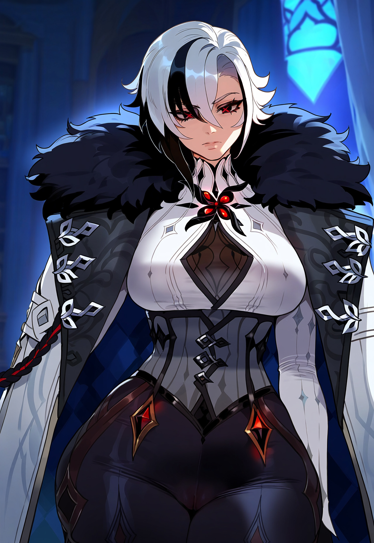 1girls, ai generated, arlecchino (genshin impact), breasts, female, floox, fur trim, genshin impact, hi res, huge breasts, light skin, light-skinned female, red eyes, solo, stable diffusion, thick thighs, white hair, wide hips
