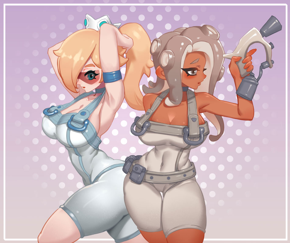 2girls agent_8_(side_order) agent_8_(splatoon) agent_8_(splatoon)_(cosplay) ass big_breasts blonde_hair breasts cleavage clothing cosplay covered_navel crown dualies dualies_(splatoon) female female_only fixing_hair hair_covering_eye hair_covering_one_eye little_blood mario_(series) octoling octoling_girl open_mouth order_dualie_replicas order_dualies_(splatoon) ponytail princess_rosalina shades short_hair solo solo_female solo_focus splatoon splatoon_(series) splatoon_3 splatoon_3:_side_order standing super_mario_galaxy tentacle tentacle_hair thick_thighs thighs tied_hair tight_clothing weapon