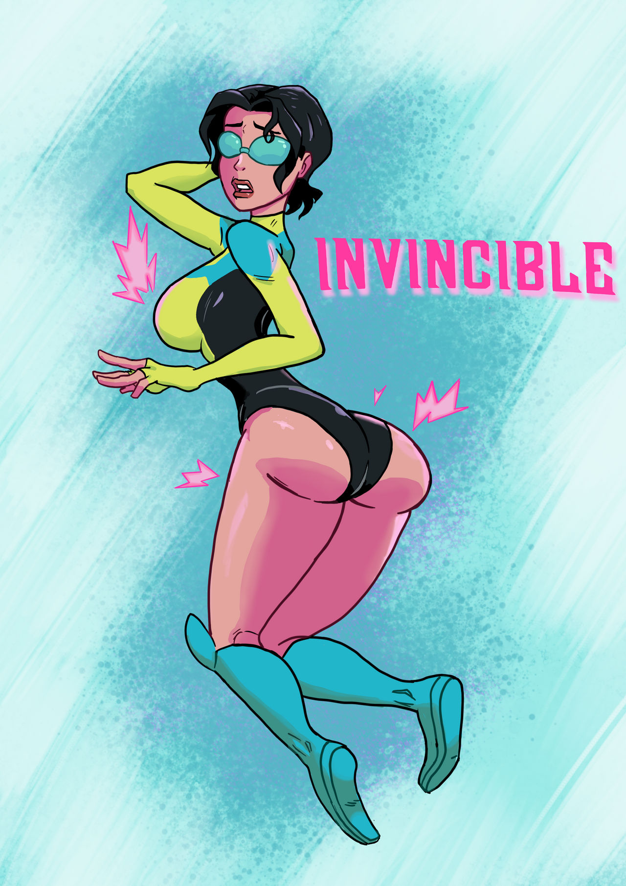 ass big_breasts black_hair blue-tinted_eyewear breasts cheeky costume gearfou gender_bender gender_transformation genderswap_(mtf) goggles invincible invincible_(comics) invincible_(series) invincible_(superhero) invincible_(tv_series) lady_invincible leotard male_to_female mark_grayson markie_grayson rule_63 short_hair superhero superheroine surprised thick_ass thick_thighs tinted_eyewear