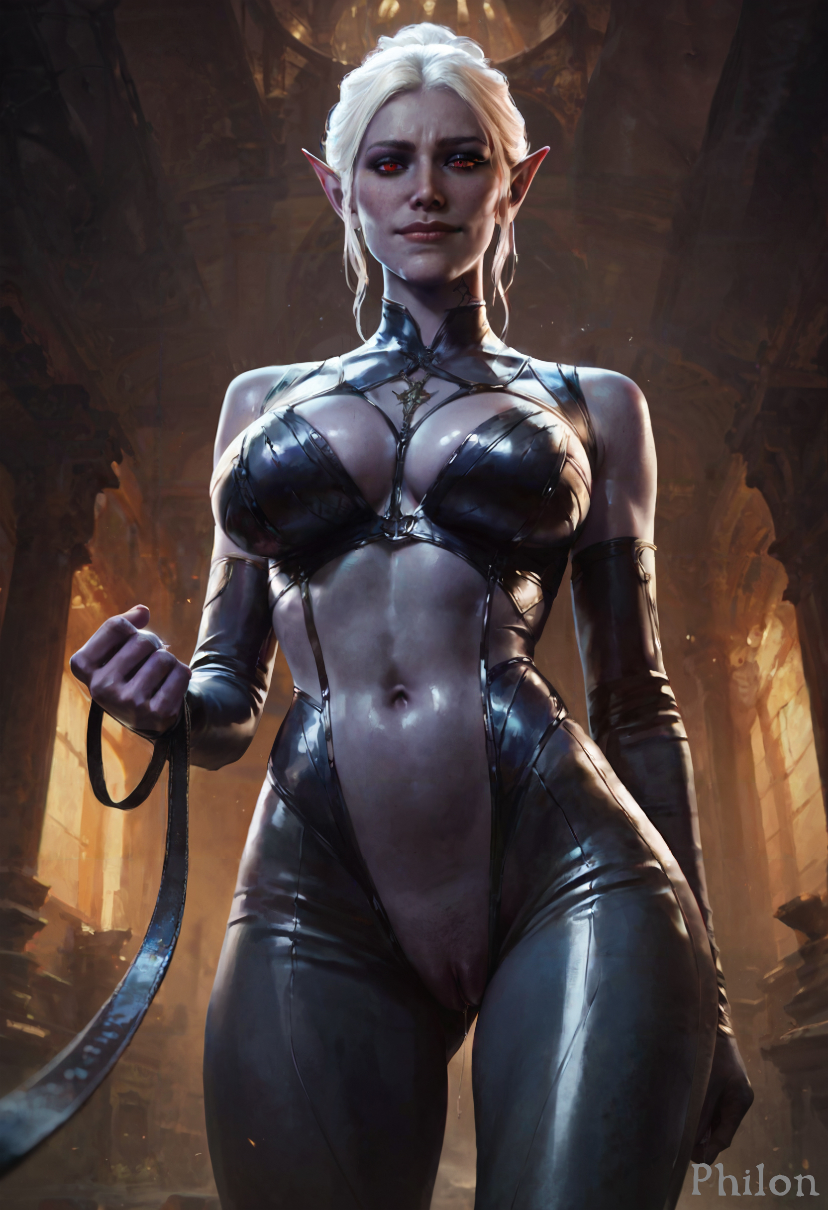 1girls, ai generated, baldur's gate 3, bare shoulders, black gloves, bodysuit, bondage, breasts, cameltoe, colored skin, crotchless, drow, dungeons and dragons, elbow gloves, elf, elf ears, elf female, female, female only, femdom, forgotten realms, gloves, holding, holding leash, indoors, large breasts, latex, leash, lips, looking at viewer, minthara, navel, nose, philon, pointy ears, pov, pussy, pussy juice string, red eyes, shiny skin, skin tight, solo, stable diffusion, standing, viewed from below, white hair