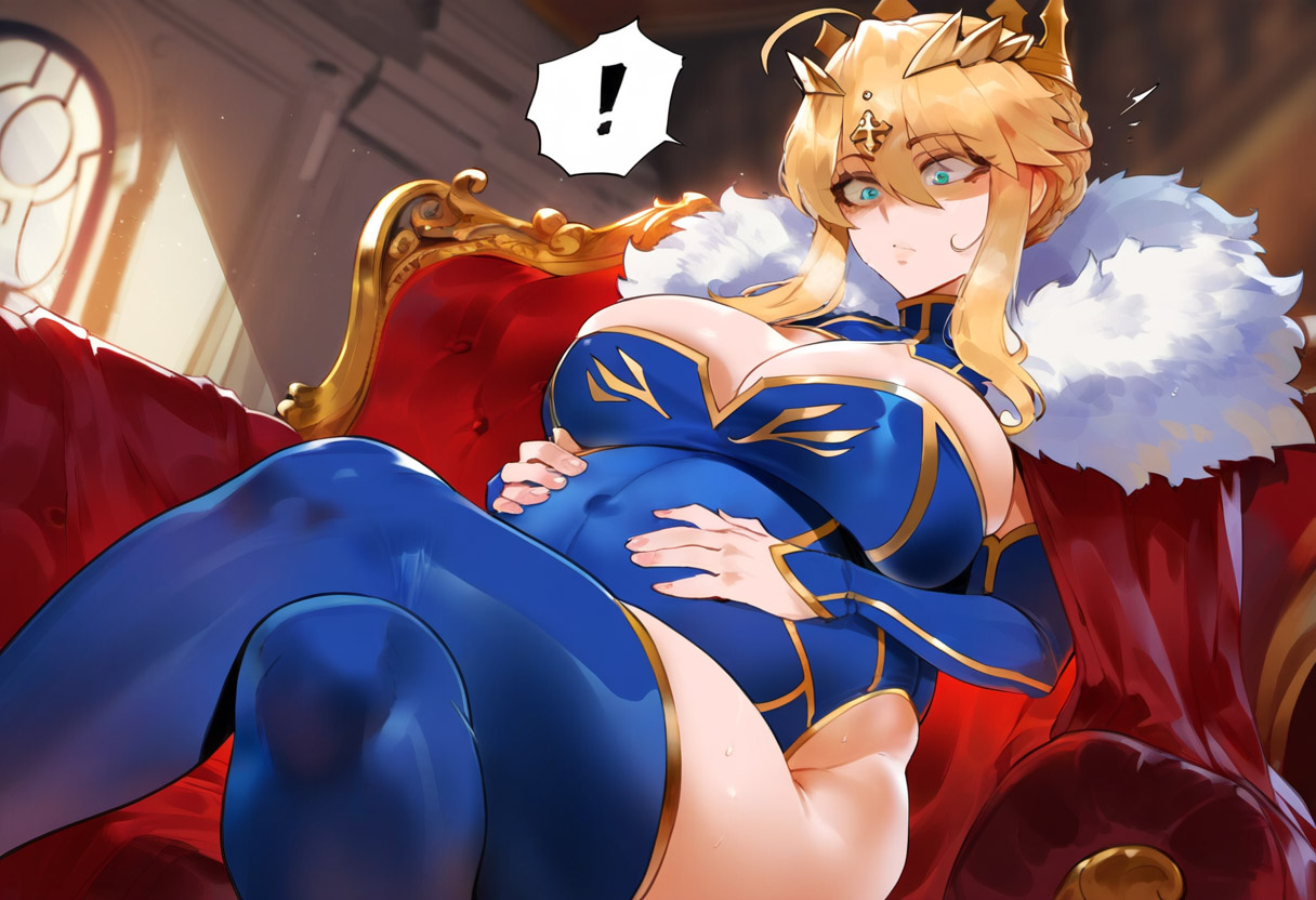 !, 1girls, ahoge, ai generated, artoria pendragon (lancer), bangs, big breasts, blue legwear, blue leotard, breasts, cape, cleavage, couch, crossed legs, crown, depressu, fate (series), fate/grand order, female, french braid, fur trim, green eyes, heart, highleg, highleg leotard, large breasts, leotard, pregnant, sidelocks, sitting, solo, symbol-shaped pupils, thighhighs, thighs