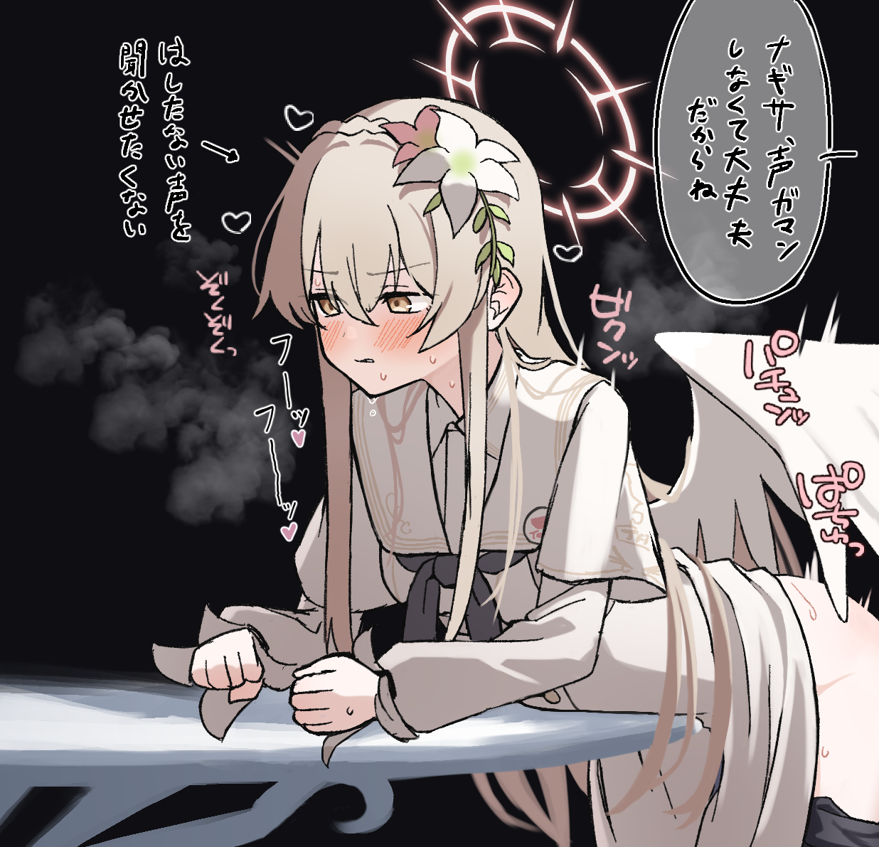 angel wings, blue archive, blush, brown eyes, dress, feathered wings, female, flower, hair flower, hair ornament, halo, hizikata398, implied sex, light brown hair, long hair, long sleeves, nagisa (blue archive), open mouth, pink flower, pink halo, solo, speech bubble, tea party (blue archive), translation request, trinity general school student, white dress, white flower, white wings, wings