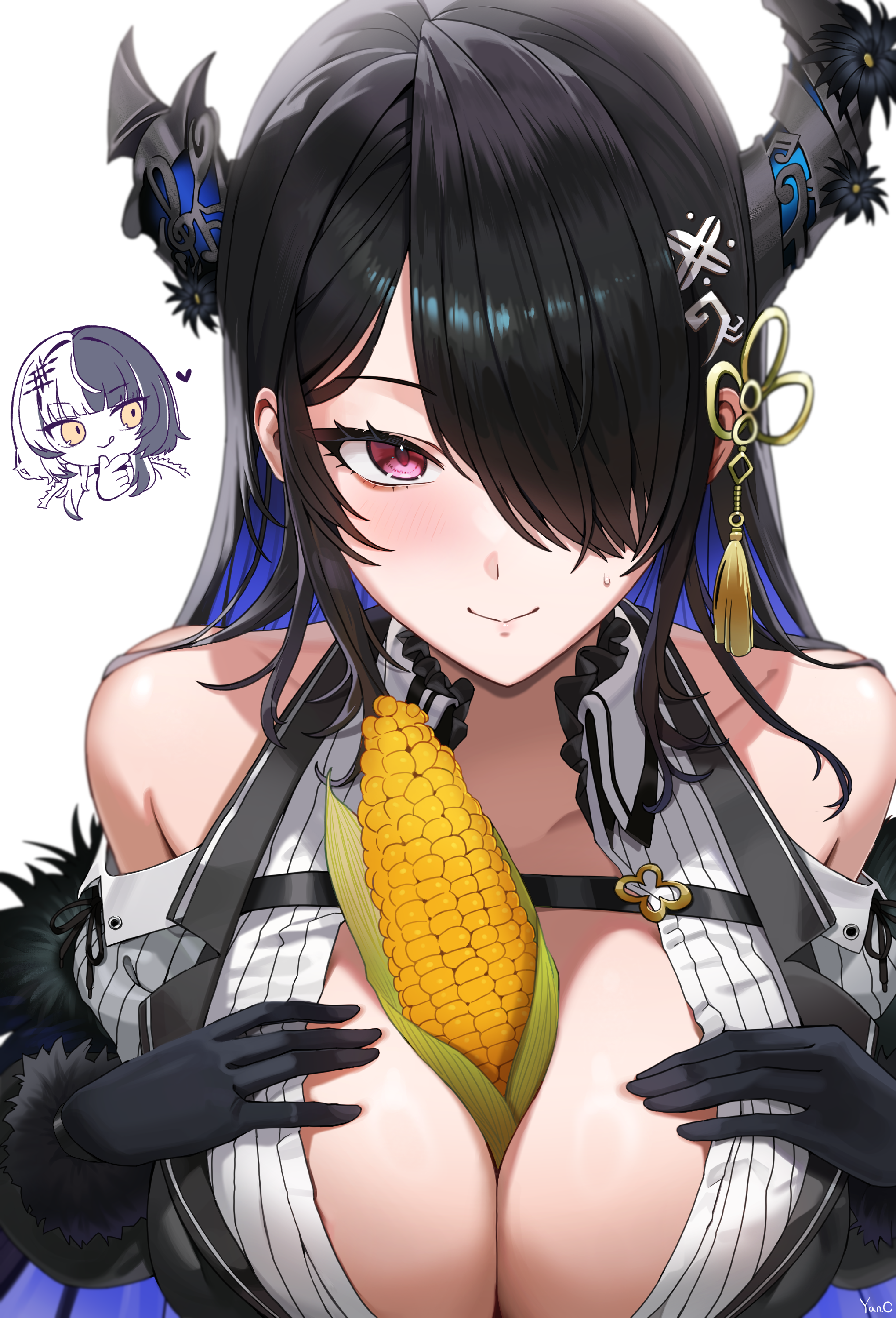 2girls, big breasts, black hair, breasts, cleavage, corn, ear of corn, female, food, food play, fur trim, hi res, hololive, hololive english, hololive english -advent-, horn, long hair, looking at viewer, nerissa ravencroft, one eye obstructed, red eyes, shiori novella, smile, suggestive, suggestive look, virtual youtuber, white hair, yellow eyes