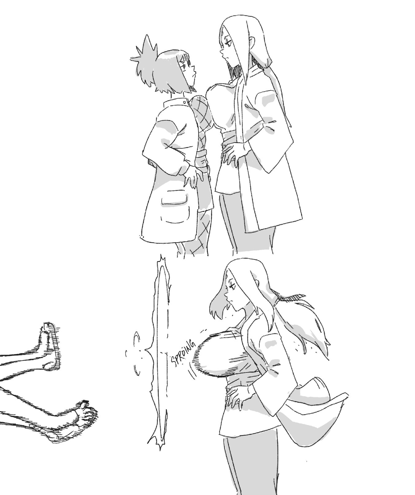 2girls, americanninjax, breast attack, breast press, breasts, english text, female, funny, highres, large breasts, mature, mature female, medium hair, mitarashi anko, monochrome, multiple females, multiple girls, naruto, naruto (series), naruto shippuden, short hair, suggestive, symmetrical docking, tsunade, voluptuous, voluptuous female