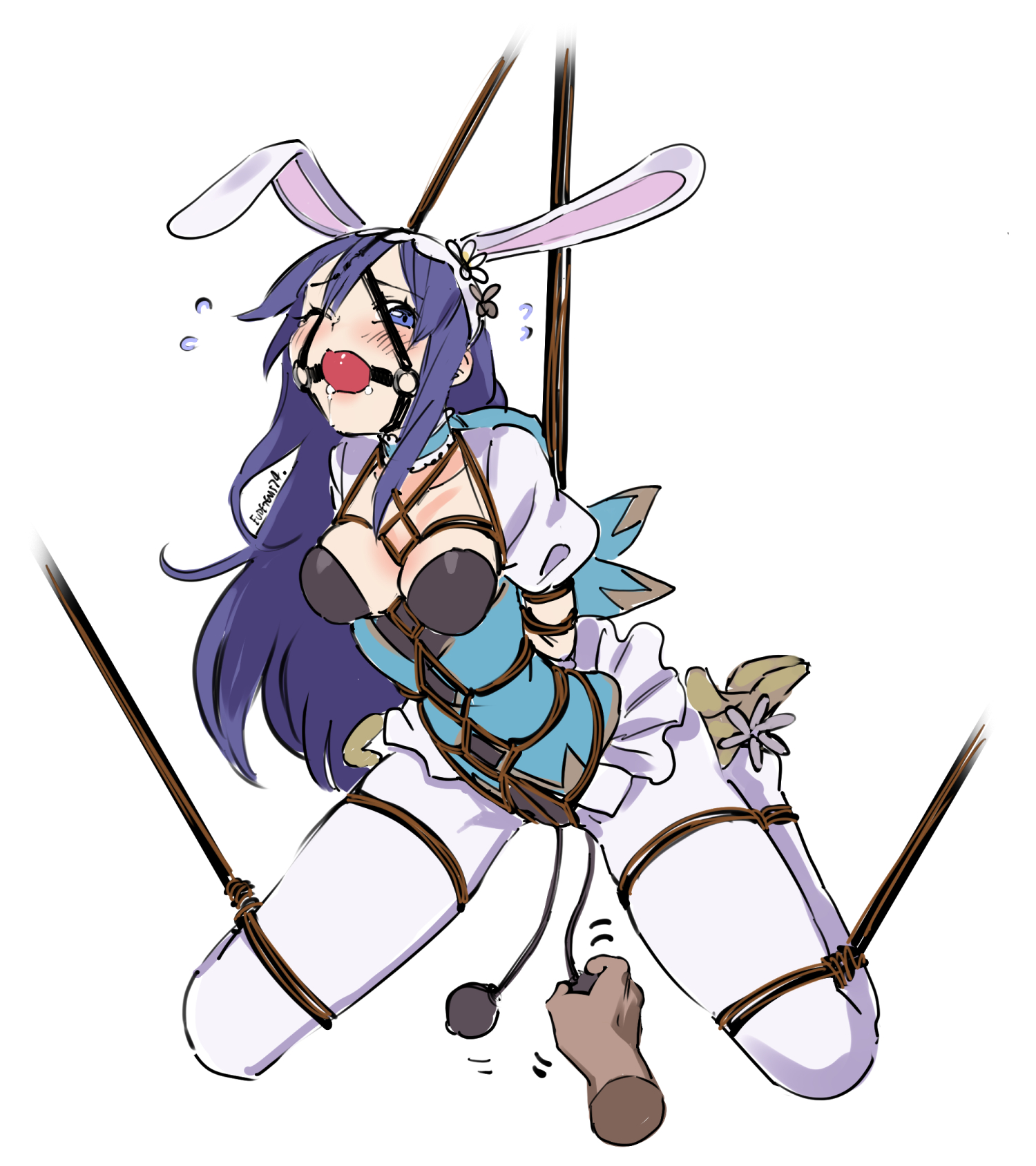 1girls, anal, arms behind back, blue eyes, blue hair, blush, bondage, bound legs, breasts, bunny ears, bunny girl, bunnysuit, double penetration, drooling, easter, eudetenis, female, female focus, femsub, fire emblem, fire emblem awakening, fire emblem heroes, gag, harness ball gag, harness gag, high heels, long hair, lucina (fire emblem), medium breasts, nintendo, object insertion, one eye closed, petplay, pussy, saliva, saliva trail, sex toy, solo focus, submissive female, suspension, vaginal penetration, very long hair