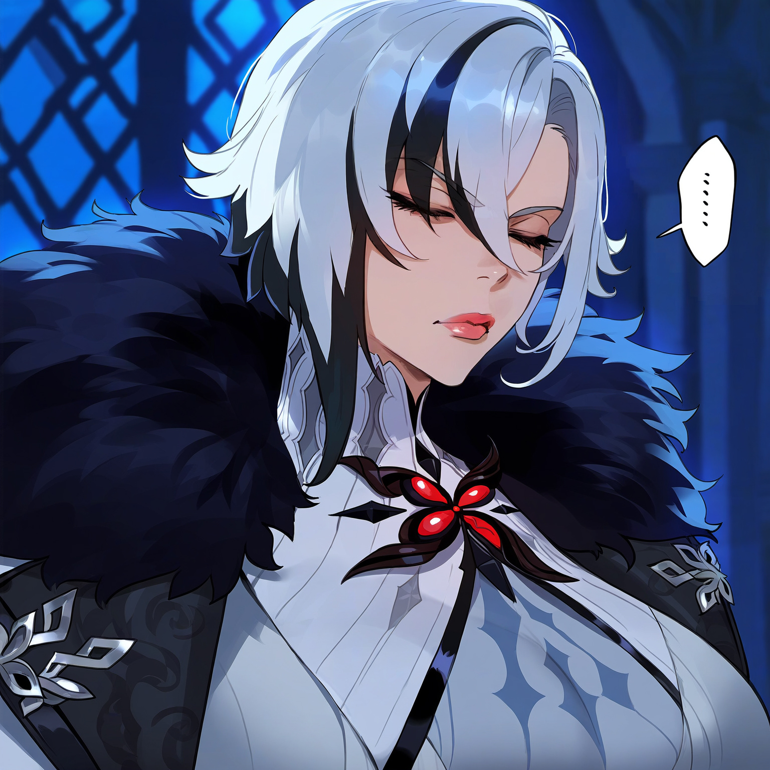 1girls, ai generated, arlecchino (genshin impact), breasts, female, floox, fur trim, genshin impact, hi res, huge breasts, light skin, light-skinned female, red eyes, stable diffusion, thick thighs, white hair, wide hips