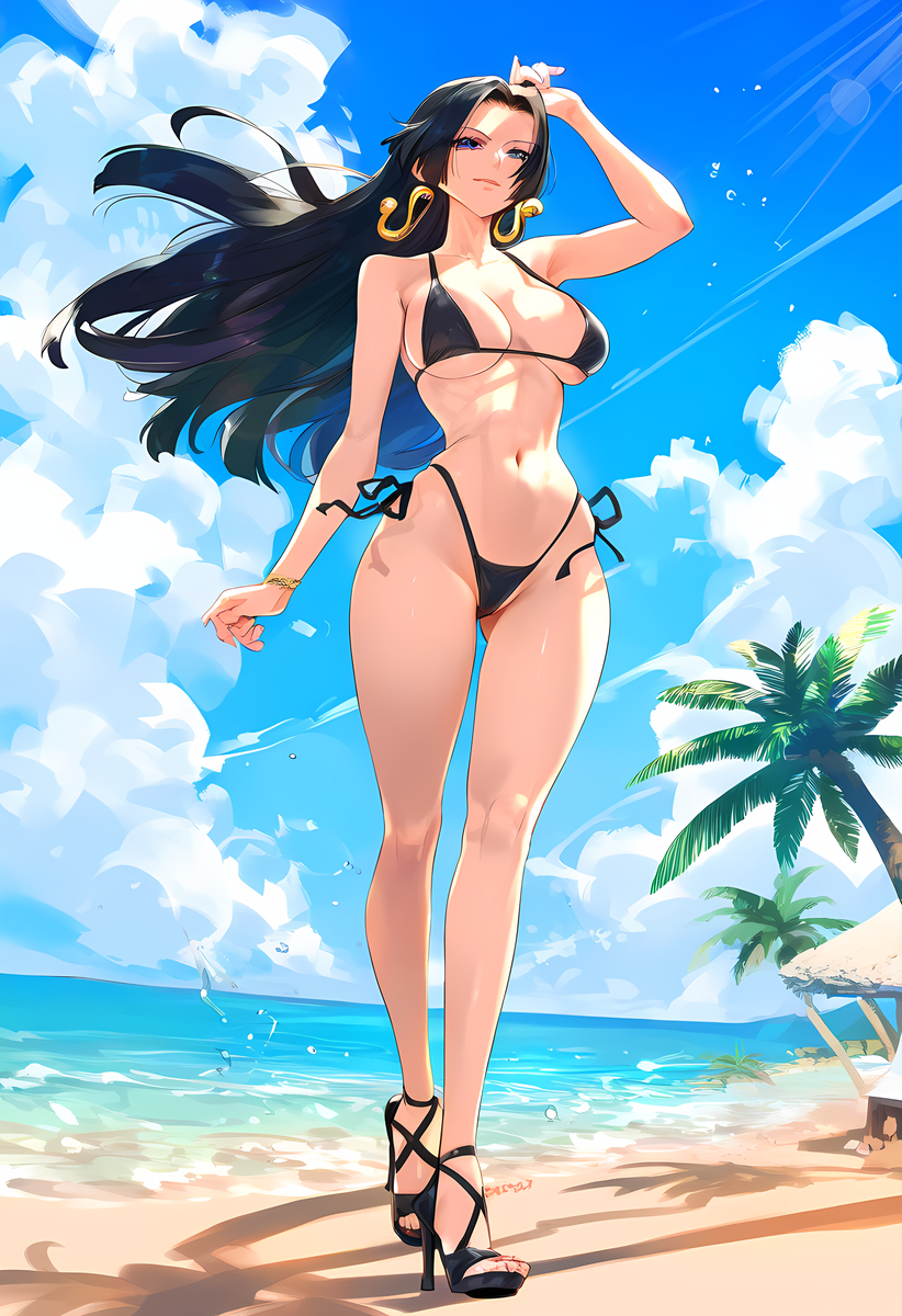 1girls ai_generated bare_arms bare_legs bare_shoulders bare_thighs beach big_breasts bikini bikini_bottom bikini_top black_hair blue_eyes blush boa_hancock clothed clothing color female female_focus female_only geo-san hi_res high_heels jewelry large_breasts light-skinned_female light_skin long_hair looking_at_viewer one_piece sand sea shounen_jump solo solo_female tagme thick_thighs water