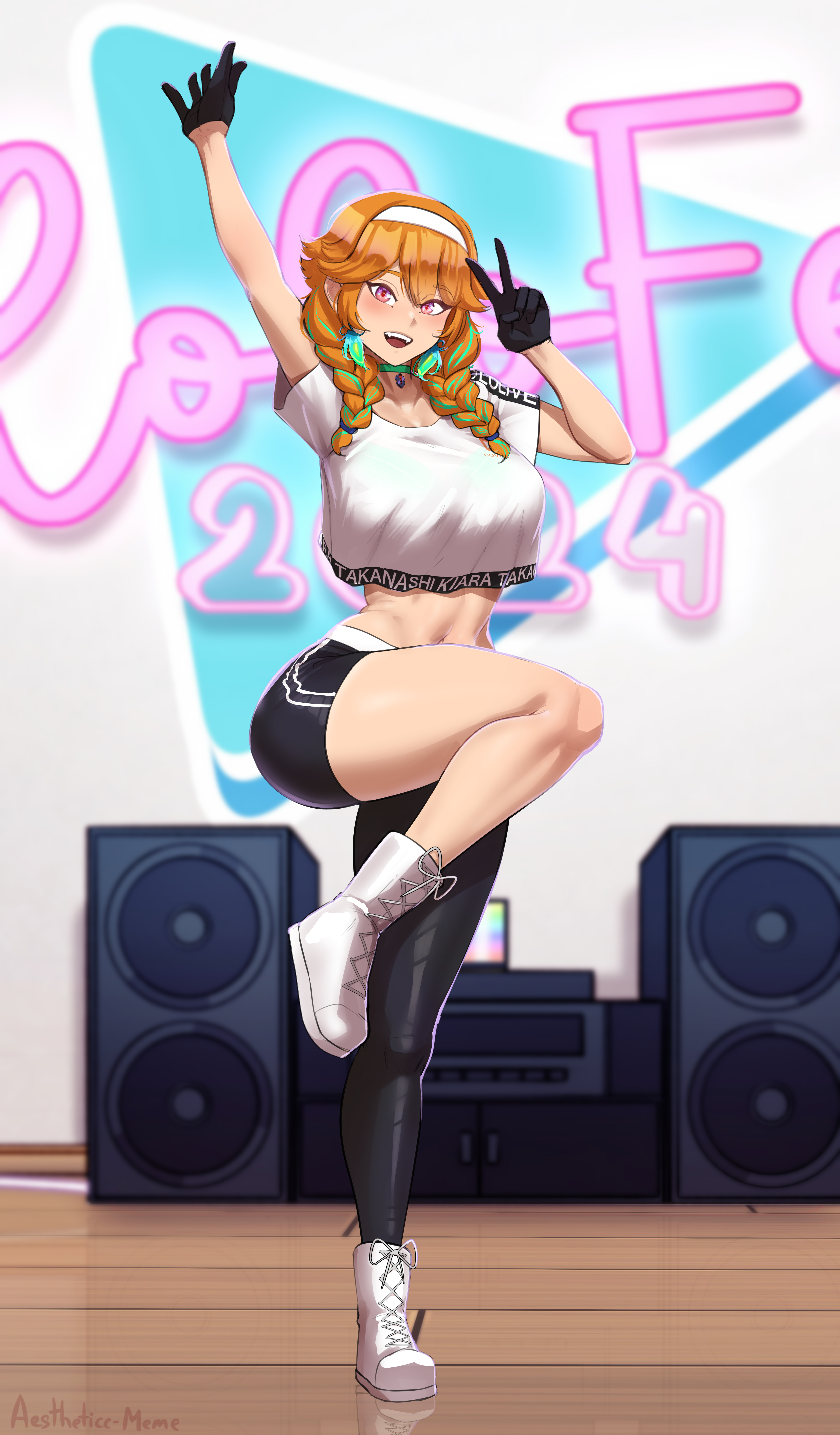 1girls, aestheticc-meme, breasts, female, hi res, hololive, hololive dance practice uniform, hololive english, hololive myth, large breasts, light skin, light-skinned female, orange hair, smile, solo, takanashi kiara, virtual youtuber, workout clothes