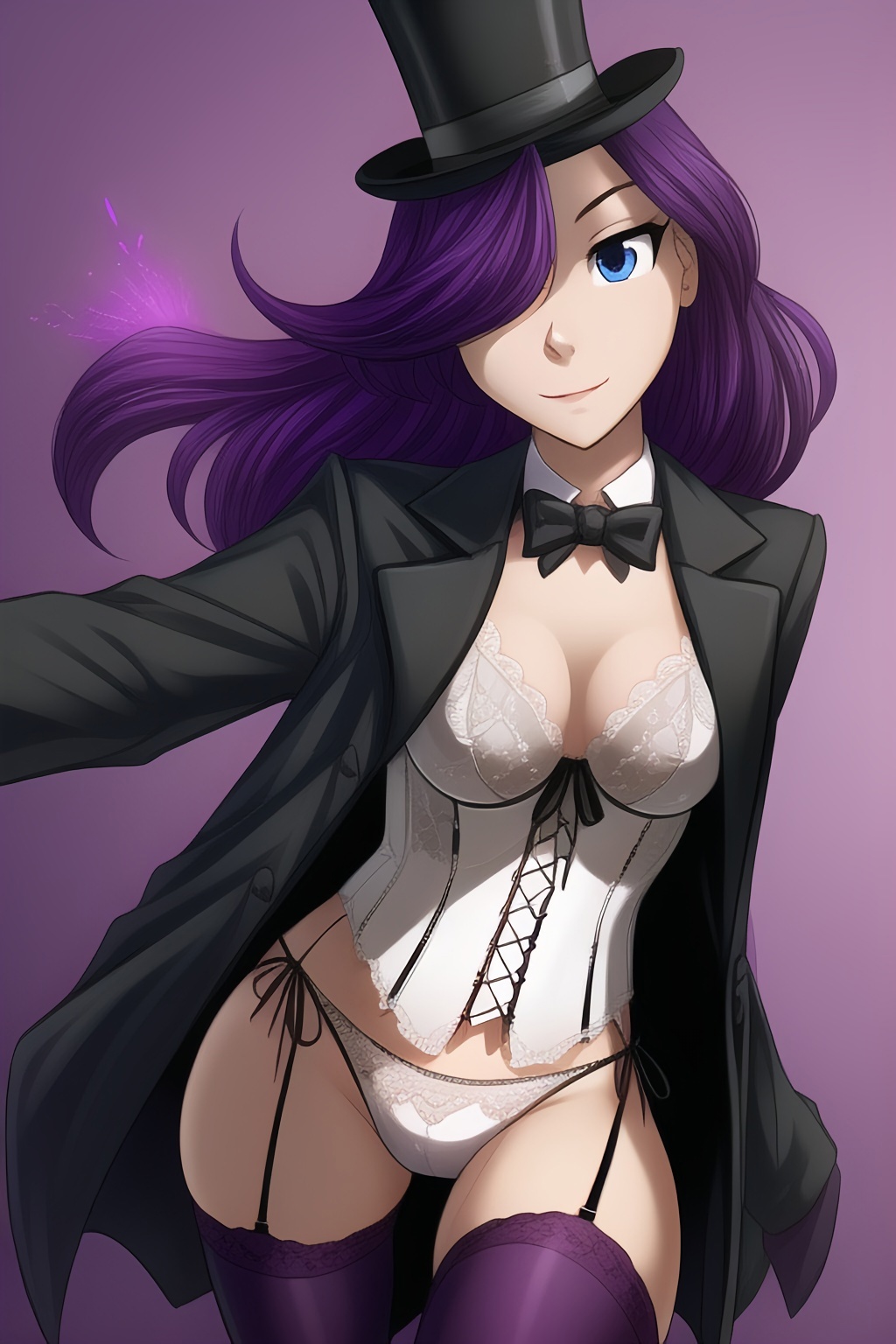 2024 ai_generated blue_eyes female lingerie maren_taverndatter purple_hair solo suit_jacket top_hat twokinds webcomic