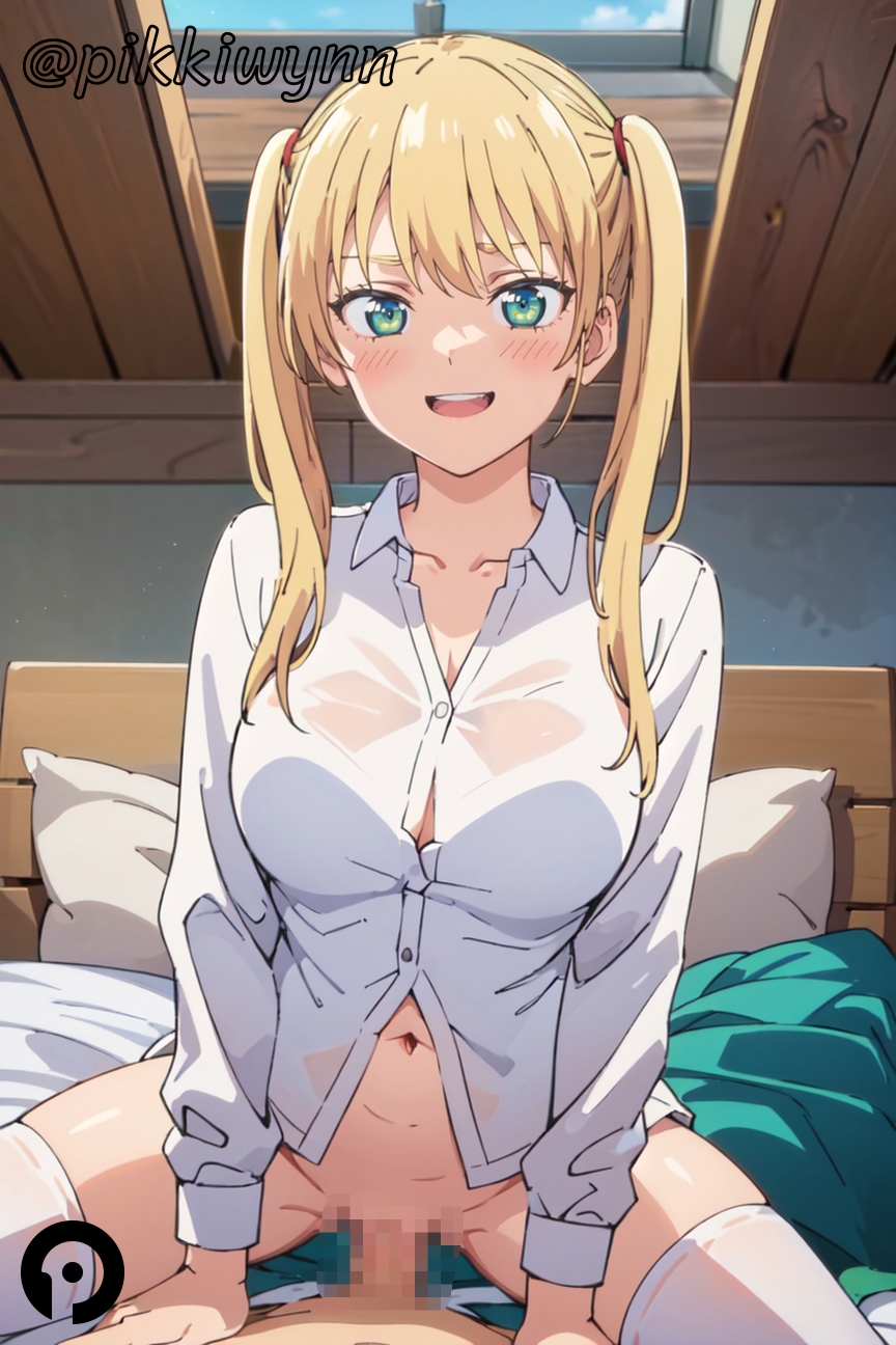 1boy ai_generated bangs blonde_hair blush breasts censored cleavage collarbone collared_shirt cowgirl_position dress_shirt female green_eyes hoshizaki_rika kanojo_mo_kanojo large_breasts long_hair long_sleeves looking_at_viewer mosaic_censoring navel open_mouth penis pikkiwynn pov pussy sex shirt smile solo_focus straddling straight thighhighs twintails vaginal_penetration white_shirt