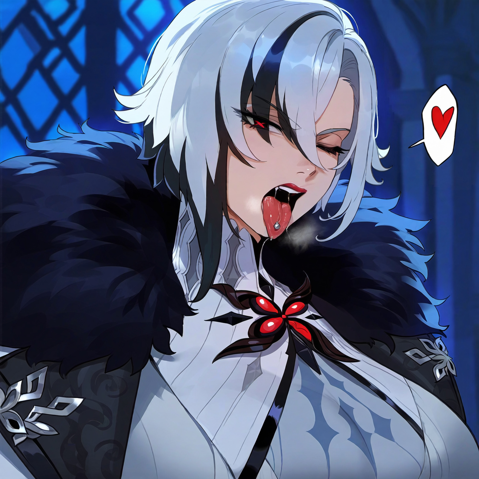 1girls, ai generated, arlecchino (genshin impact), breasts, female, floox, fur trim, genshin impact, hi res, huge breasts, light skin, light-skinned female, red eyes, stable diffusion, thick thighs, white hair, wide hips