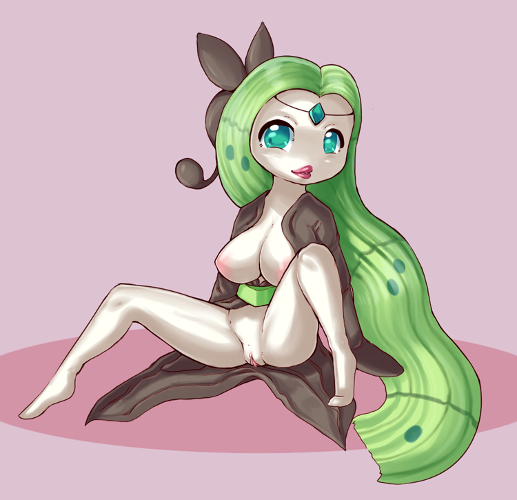 anthro breasts clothes color female female_only front_view green_hair hair meloetta meloetta_(aria_form) nipples pokemon sitting solo tagme teal_eyes vulva white_skin zanthia