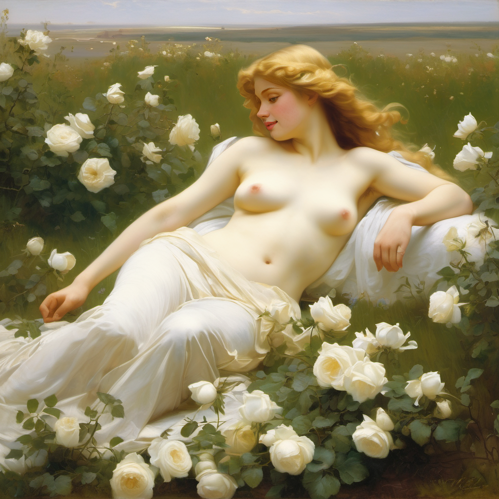 ai_generated belly blonde_hair blue_eyes breasts curly_hair curvy female flower flowers lips long_hair lying medium_breasts navel nipples presenting realistic rose_(flower) smile solo topless white_rose william_bouguereau