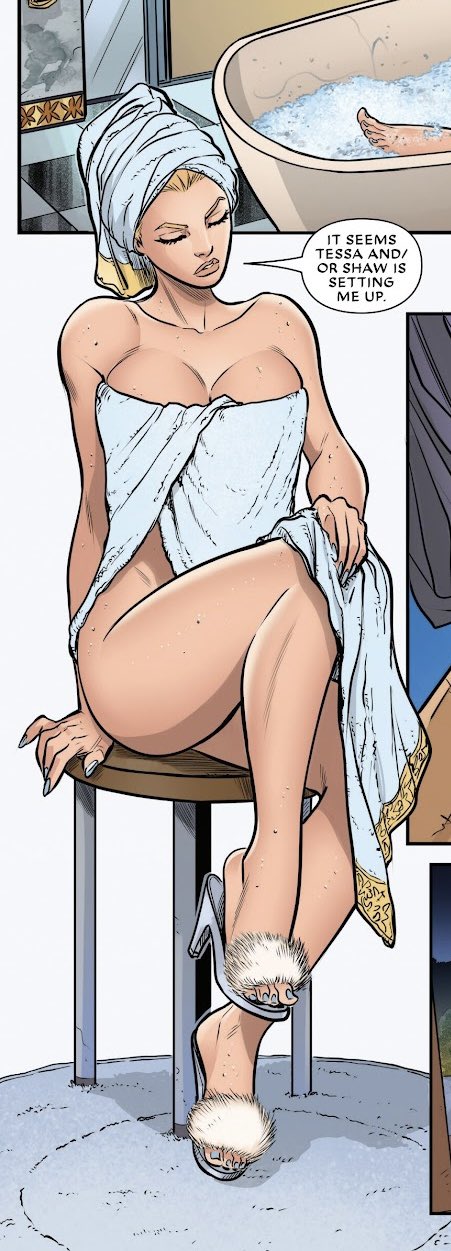 andrea di vito, antonio fabela, blonde hair, breasts, comic, comic page, comic panel, curvy, curvy female, emma frost, female, hourglass figure, large breasts, marvel, marvel comics, milf, official art, speech bubble, thick thighs, towel, towel on head, towel only, wide hips, x-men