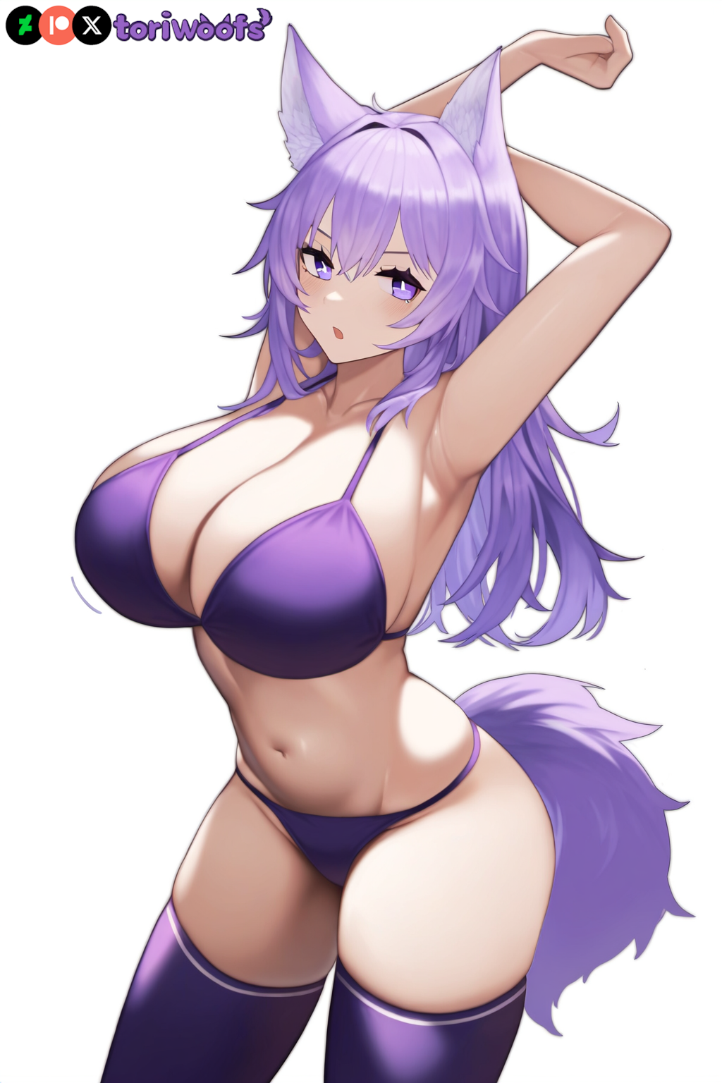 1girls ai_generated big_breasts bikini breasts curvy cute dog_ears dog_girl doggirl female female_focus female_only highres hips huge_boobs huge_breasts kemonomimi light_skin light_skinned_female long_hair looking_at_viewer patreon_username petgirl purple_ears purple_eyes purple_hair purple_tail standing stretching thick_thighs thighhighs thighs tori toriwoofs watermark wavy_hair white_skin white_skinned_female wide_hips wolf_ears