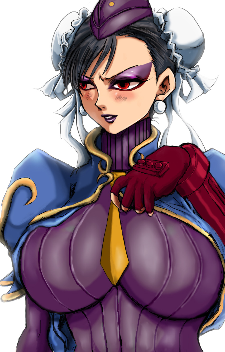 black_hair blush breasts capcom chun-li corruption double_hair_bun earrings empty_eyes enemy_conversion female_only femsub hair_bun_covers hair_buns jewelry large_breasts lipstick makeup military_hat military_uniform patsuki purple_lipstick red_eyes shadaloo_dolls short_hair solo street_fighter tie traditional