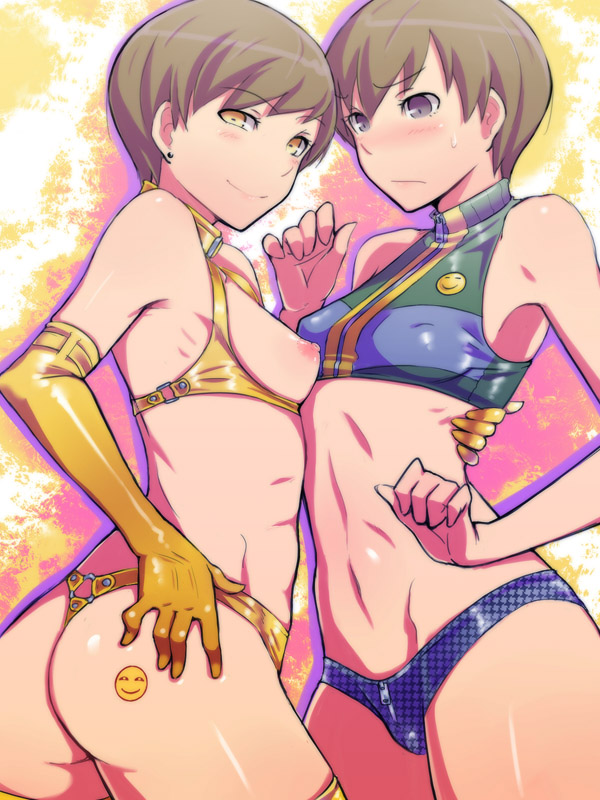 ass big_ass breastless_clothes breastless_clothing breasts brown_hair dark_persona dual_persona elbow_gloves em em_(totsuzen_no_hakike) gloves hair halterneck megami_tensei multiple_girls nipples persona persona_4 pointy_chin purple_eyes satonaka_chie selfcest shadow_chie shadow_self_(persona) short_hair thighhighs yellow_eyes