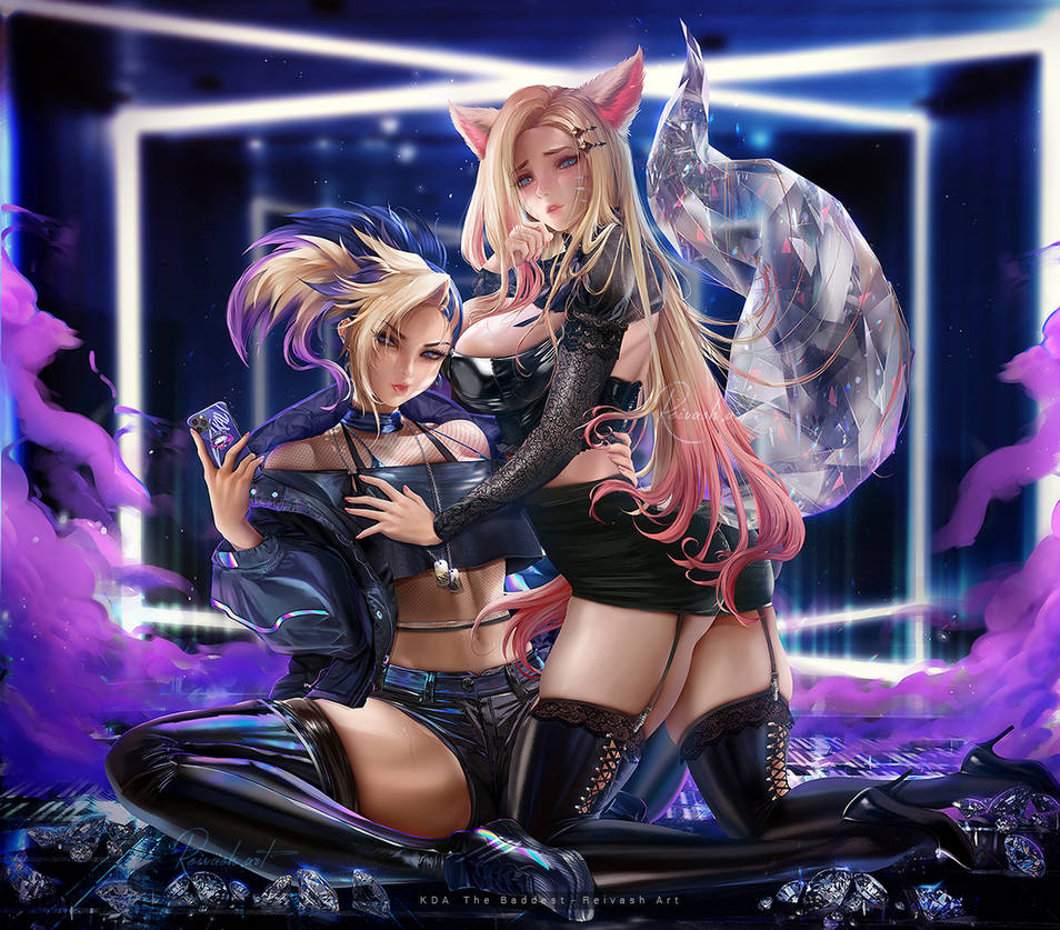 2girls ahri akali big_breasts black_thigh_boots black_thighhighs blonde_hair blue_eyes clothed female female_only fox_ears fox_girl fox_tail grabbing_breast k/da_ahri k/da_akali k/da_all_out_ahri k/da_all_out_akali k/da_all_out_series k/da_series league_of_legends looking_at_viewer on_floor phone purple_eyes reivash riot_games spread_legs tail thigh_boots thighhighs two_tone_hair yuri