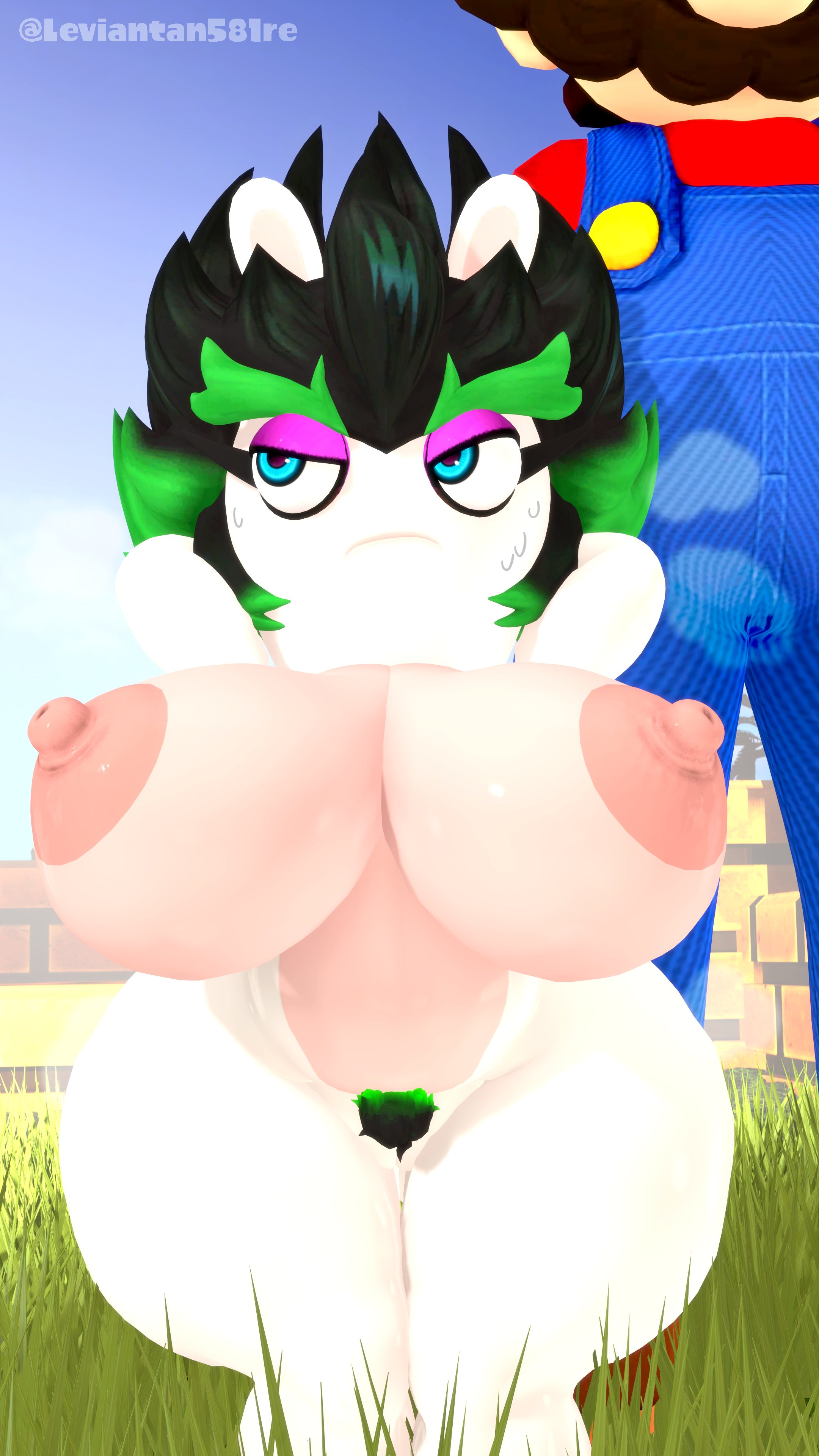 1boy, 1girls, 3d, 3d (artwork), anthro female, ass, big breasts, big thighs, black hair, blue eyes, breasts, casual, casual nudity, clothed male, clothed male nude female, curvy, edge (mario + rabbids), eyeshadow, female, female anthro, female anthro/male human, female focus, female pubic hair, female/male, green eyebrows, green highlights, hands behind head, huge ass, huge breasts, human, human male, leviantan581re, male, male human, male human/female anthro, male/female, mario, mario (series), mario + rabbids, mario + rabbids: sparks of hope, nintendo, nipples, nude, nude female, nude female clothed male, outdoors, public, public nudity, purple eyeshadow, rabbid, raving rabbids, shorter female, shortstack, size difference, taller male, teasing, thick, thick eyebrows, thick hips, thick thighs, thighs, video games, white fur, wide hips