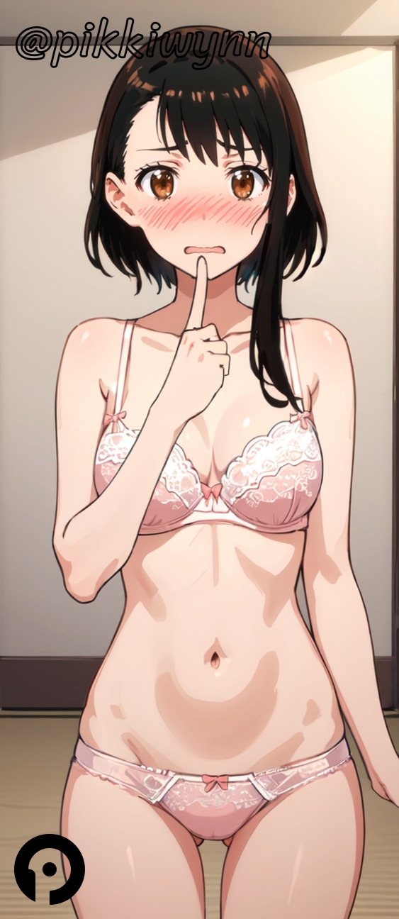 ai_generated ass_visible_through_thighs bangs black_hair blush bow bow_panties bra breasts brown_eyes cleavage collarbone cowboy_shot female finger_to_mouth indoors looking_at_viewer medium_breasts navel nisekoi onodera_kosaki open_mouth panties pikkiwynn pink_bra pink_panties short_hair solo standing underwear underwear_only