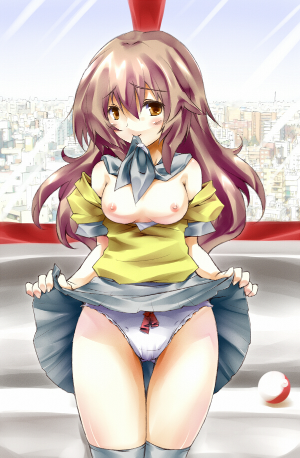 1girls 2010 2010s bow_panties breasts chikyuujin_a female human lass_(pokemon) lass_(pokemon_bw) light-skinned_female light_skin nintendo npc_trainer panties poke_ball pokemon pokemon_bw shirt_pull skirt skirt_lift underwear white_panties