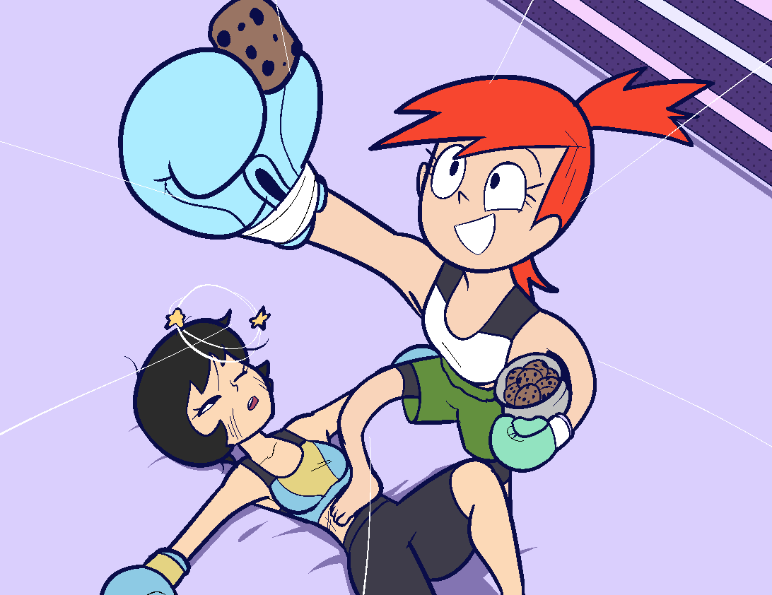 2girls boxing boxing_gloves boxing_match boxing_ring boxing_shorts cartoon_network cookie_jar cookies crossover female female_focus female_only foster's_home_for_imaginary_friends frankie_foster human jucika knocked_out netto-painter pusztai_pál ryona warner_brothers