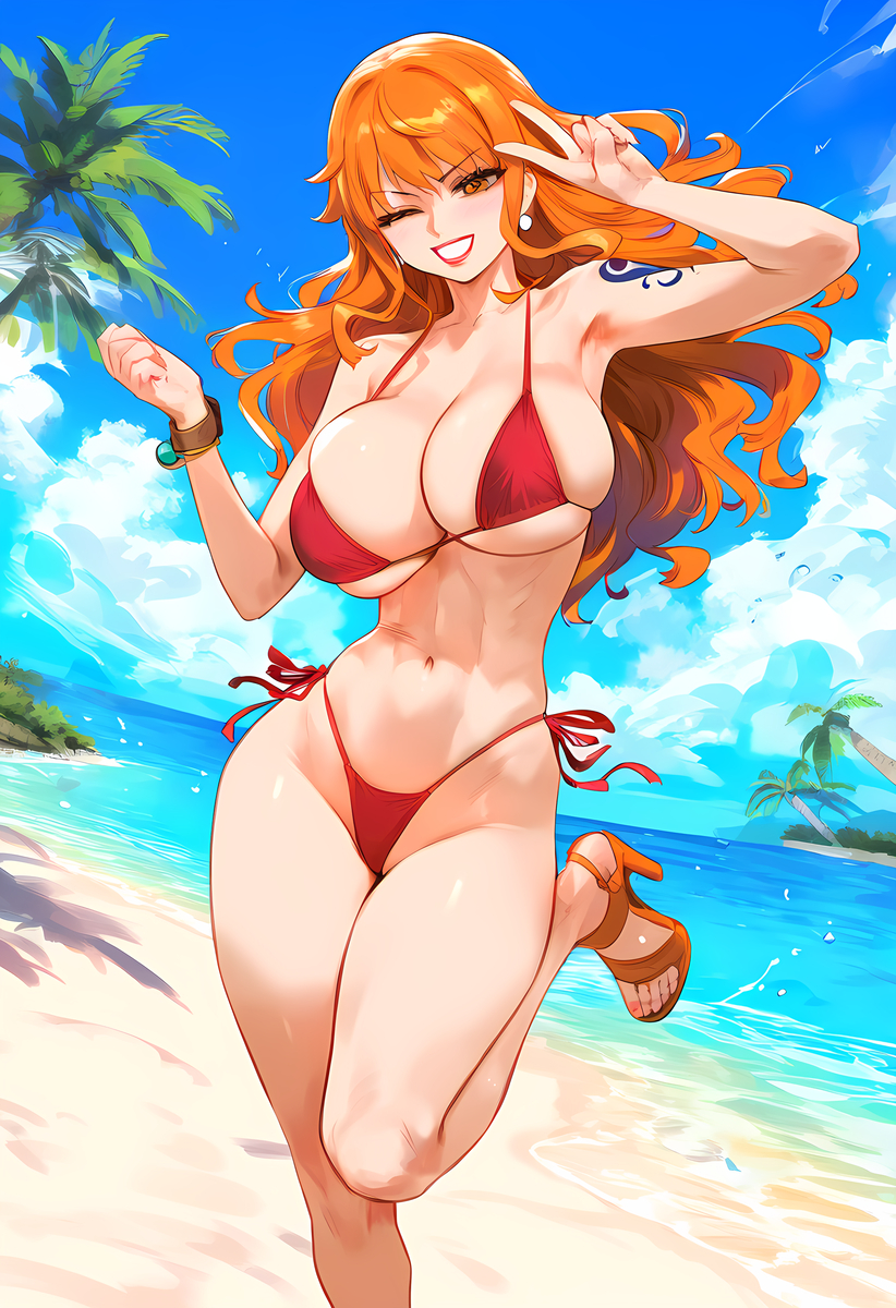 1girls ai_generated bare_arms bare_legs bare_shoulders bare_thighs beach big_breasts bikini bikini_bottom bikini_top blush clothed clothing color female female_focus female_only geo-san hi_res large_breasts light-skinned_female light_skin long_hair looking_at_viewer nami nami_(one_piece) one_piece orange_eyes orange_hair post-timeskip sand sea shounen_jump solo solo_female tagme tattoo thick_thighs water