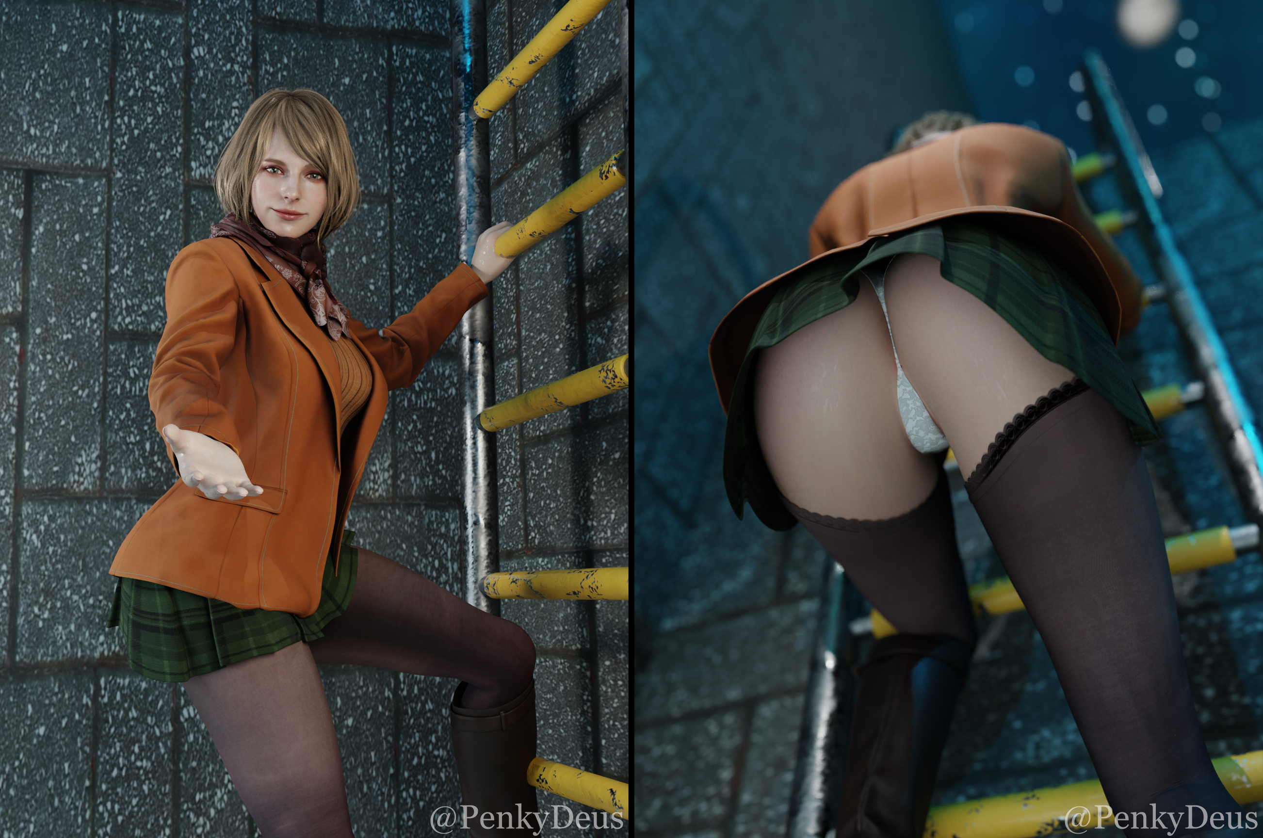 1girls, 3d, ashley graham, ashley graham (ella freya), ass, big ass, blazer, blonde hair, blue eyes, boots, breasts, bubble ass, bubble butt, busty, coat, female, female focus, female only, hi res, hourglass figure, human, ladder, light skin, light-skinned female, looking at viewer, medium hair, miniskirt, panties, penkydeus, rear view, resident evil, resident evil 4, resident evil 4 remake, shoes, short hair, skirt, solo, stockings, straight hair, thighhighs, thighs, thong, upskirt, wide hips