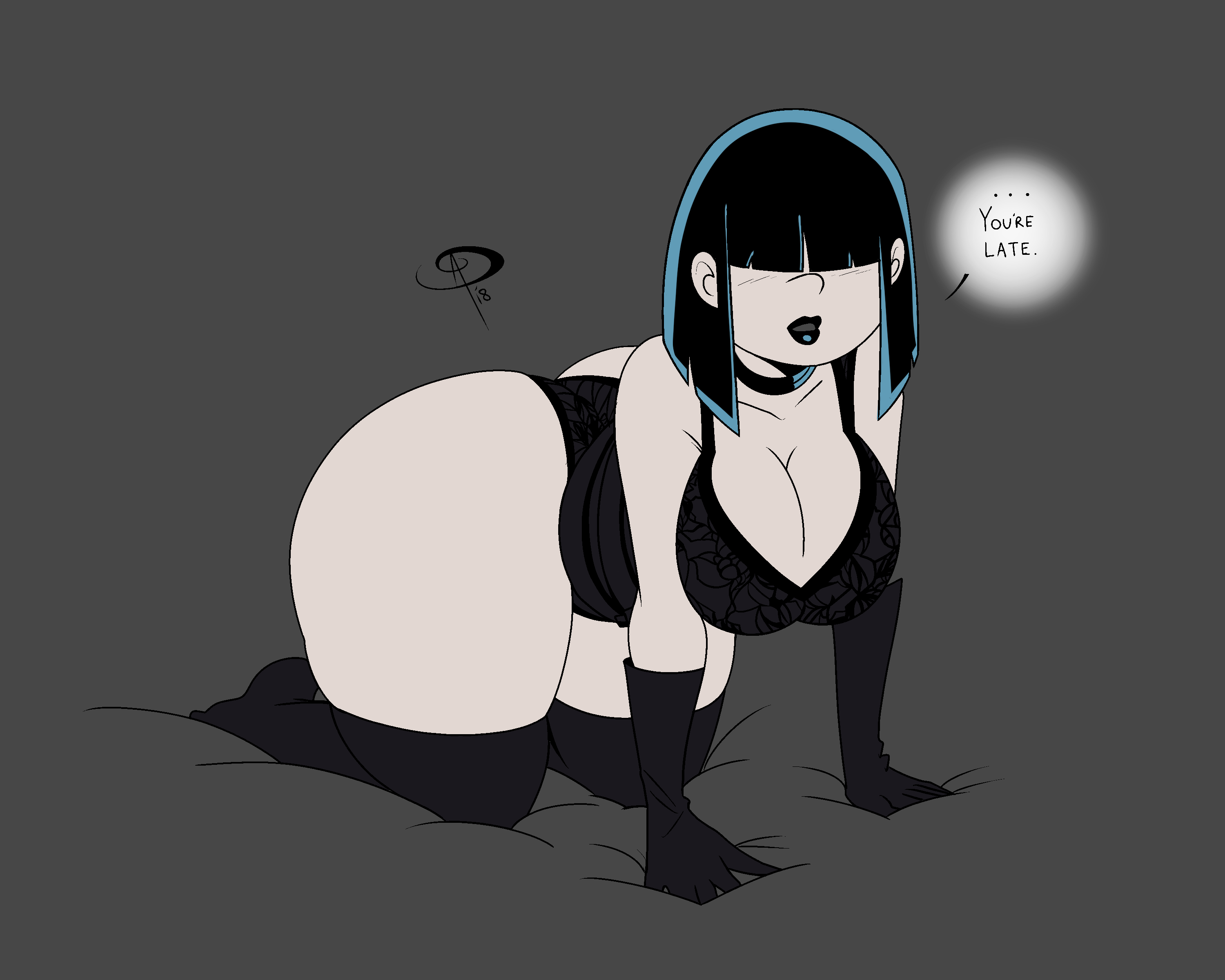 1girls, aged up, ass, big ass, bimbo, black background, black bra, black gloves, black hair, black lips, bra, breast squeeze, breasts, busty, cleavage, clothing, covered eyes, curvy, dialogue, doodle, edit, english text, female, female only, frostbiteboi, gloves, goth, grey skin, hair, hair over eyes, huge ass, kneeling, large ass, large breasts, light skin, light-skinned female, lips, lipstick, lucy loud, nickelodeon, on knees, pale skin, pale-skinned female, partially clothed, sketch, socks, solo, solo female, stockings, straight hair, text, the loud house, thicc-verse, thick thighs, wide hips