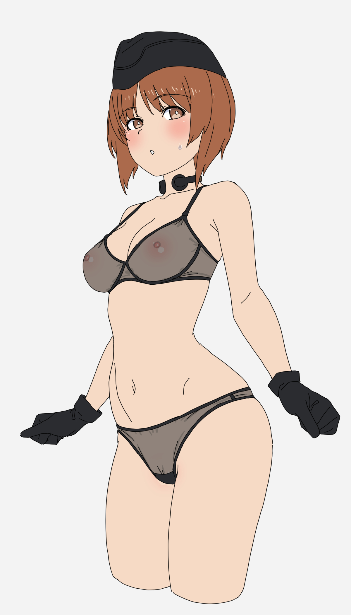 1girls, bra, breasts, brown hair, cleavage, female, girls und panzer, hat, medium breasts, military, military hat, nishizumi miho, onsen tamago (hs egg), panties, see-through, see-through bra, see-through panties, short hair, solo, standing, underwear, white background