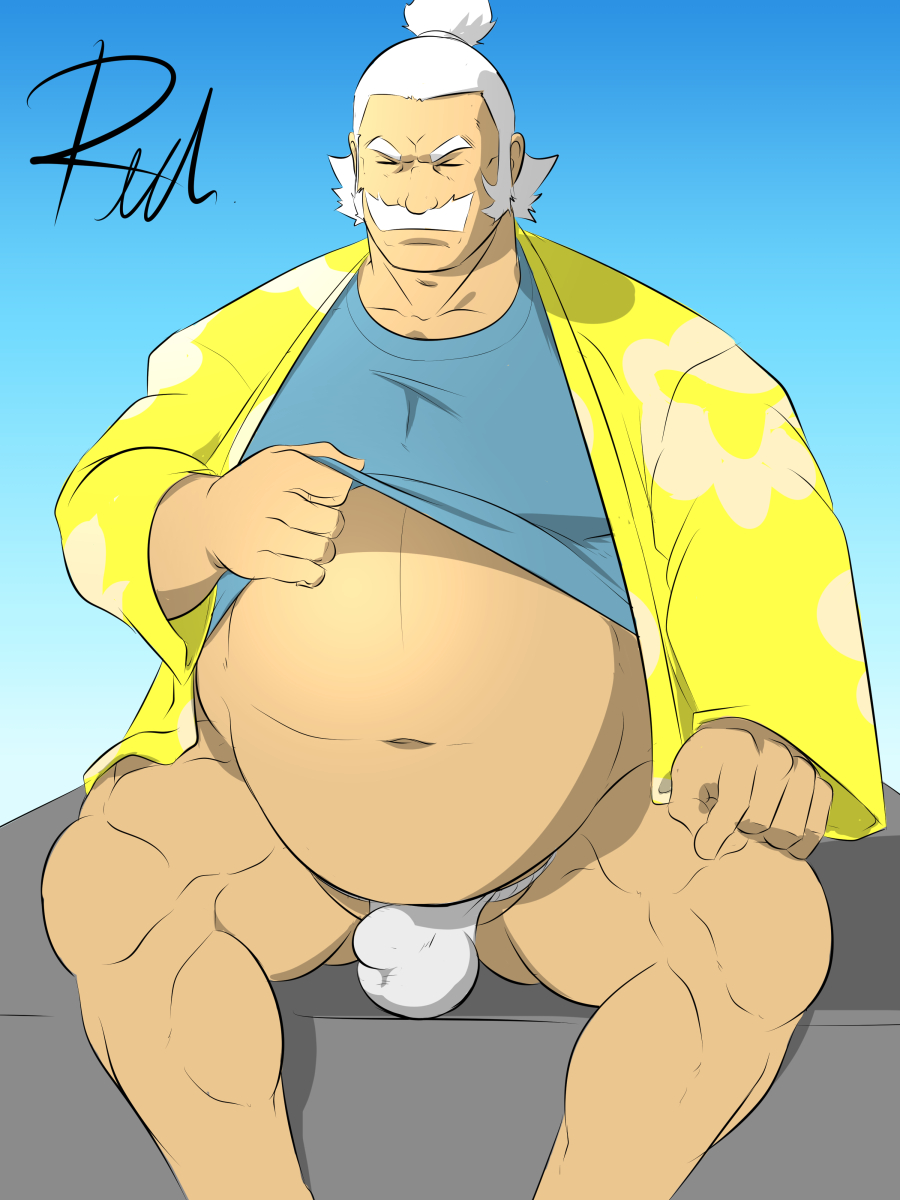 balls bara bulge facial_hair fat fat_man flaccid fundoshi hala_(pokemon) male male_only moustache muscles muscular nintendo obese obese_male overweight overweight_male penis pokemon reclamon sitting solo solo_male