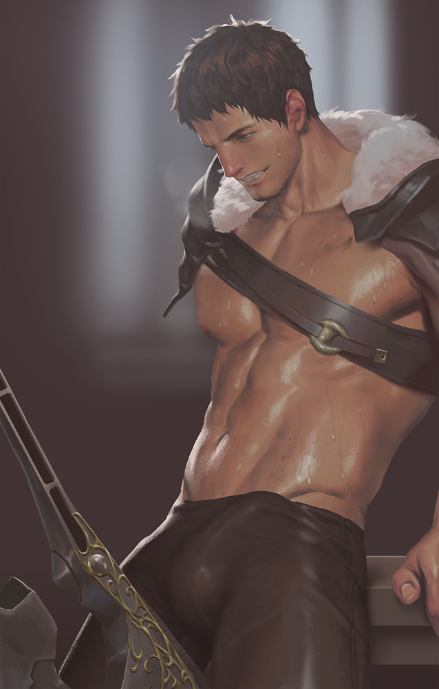 1boy abs ardbert_(ff14) ardbert_hylfyst armor bara black_hair black_pants bulge cocky erection erection_under_clothes facial_hair final_fantasy final_fantasy_xiv large_pectorals looking_down male male_focus male_only muscular muscular_male navel nipples paid_reward_available pants pauldrons pectorals penguin_frontier short_hair shoulder_armor smile smirk solo solo_male sweat teeth weapon yaoi