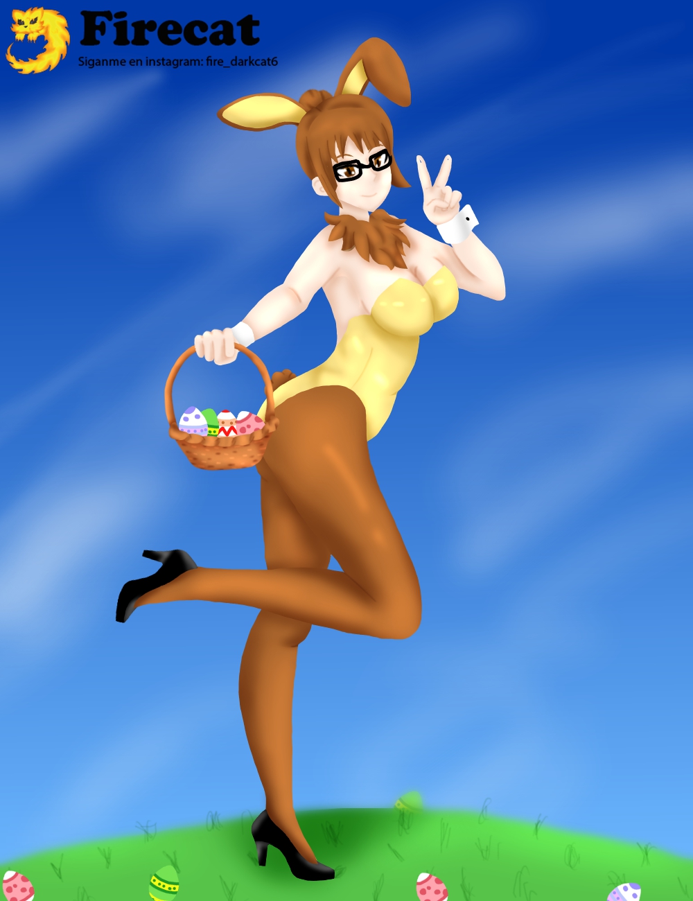 1girls ass ass_grab ass_up breasts brown_eyes brown_hair bunny bunny_costume bunny_ear bunny_ears bunny_girl bunny_tail bunnysuit cassandra easter easter_bunny egg egg_basket female female_only firecat_6 glasses hands legs legs_up lenses looking_at_viewer only pose short_hair