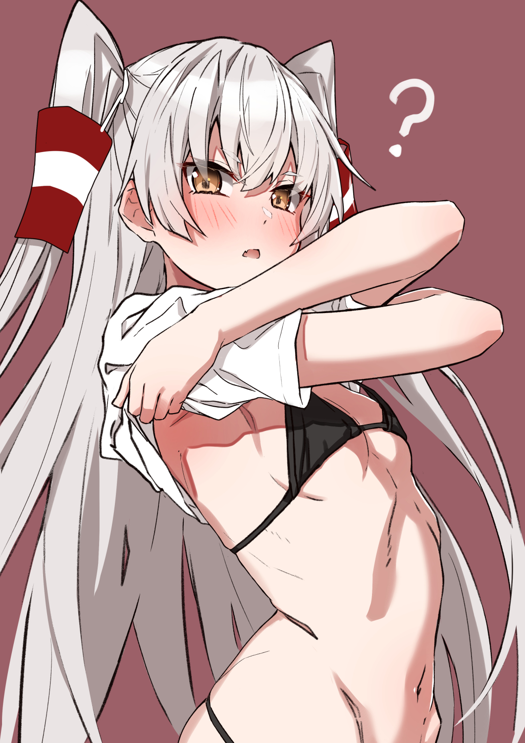 ? amatsukaze_(kantai_collection) bangs bikini black_bikini breasts brown_eyes eyebrows_visible_through_hair female hair_tubes highres kantai_collection long_hair looking_at_viewer micro_bikini navel red_background shirt short_sleeves small_breasts solo swimsuit t-shirt takanashi_kei_(hitsujikan) two_side_up undressing white_hair white_shirt