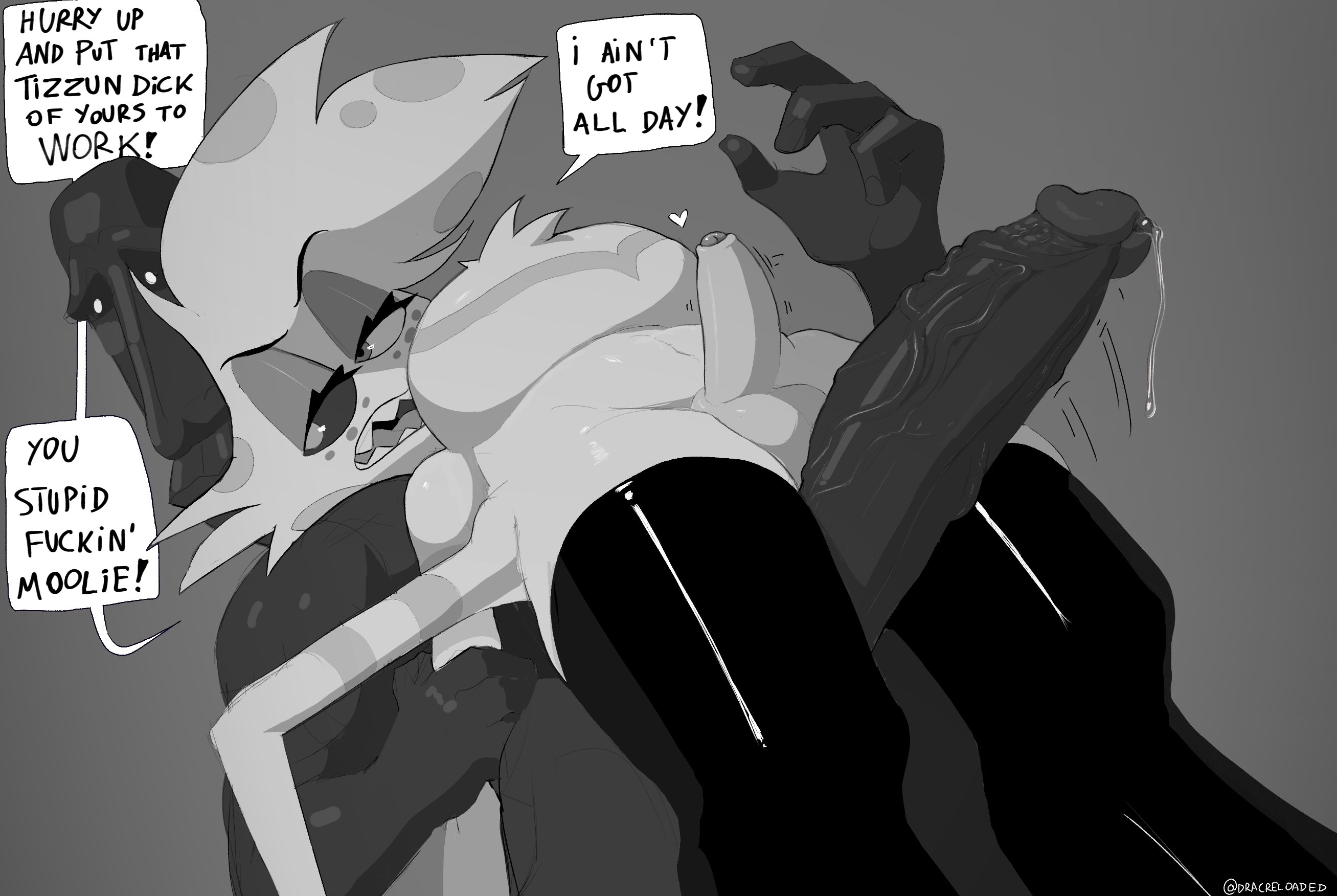 2boys, anal penetration, anal sex, angel dust (hazbin hotel), arachnid, belly, belly bulge, big penis, chest tuft, dracreloaded, femboy, gay, hazbin hotel, male, monochrome, no humans, non-human, non-human only, penis, racism, small penis, spider, thighhighs, veiny penis, vivienne medrano