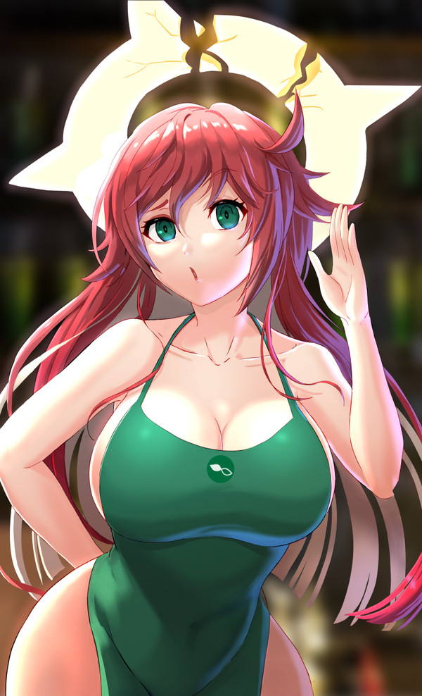1girls, apron, apron only, big breasts, breasts, female, female only, green apron, green eyes, guilty gear, iced latte with breast milk, jack-o' valentine, long hair, meme, meme attire, red hair, tagme, thick thighs