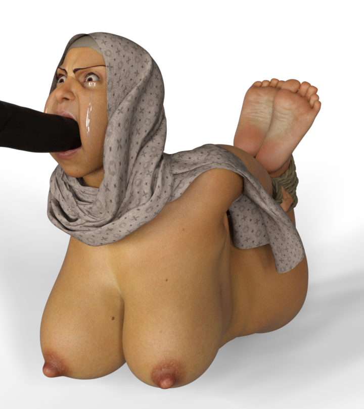 3d 3d_(artwork) angry artist_request blowjob bondage chubby crying daz3d hijab hogtie mature_female middle_eastern naked_hogtie rape tears throat_fuck tikka