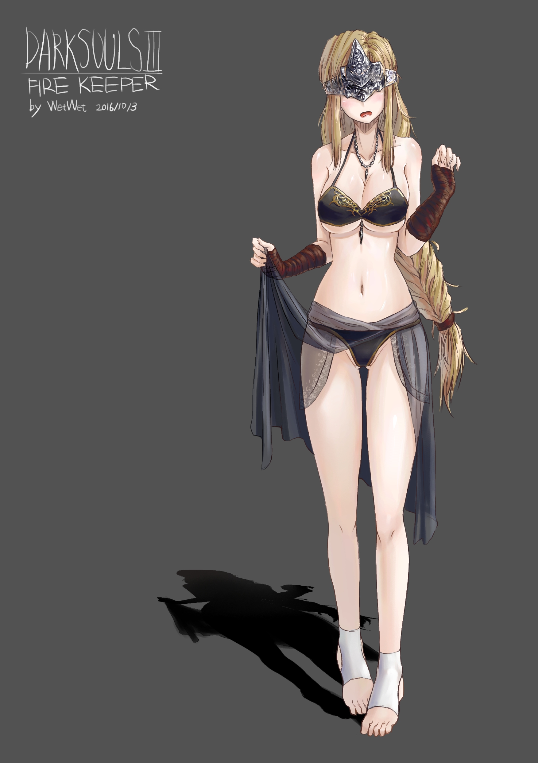 big breasts, bikini, black bikini, blindfold, blonde hair, blush, braid, braided hair, breasts, cleavage, dark souls, dark souls 3, eye mask, eyes covered, feet, female, fingerless gloves, fire keeper, fromsoftware, full body, long hair, looking at viewer, mask, masked, masked female, necklace, see-through clothing, single braid, skirt lift, solo, standing, stirrup legwear, swimsuit, underboob, wetwet