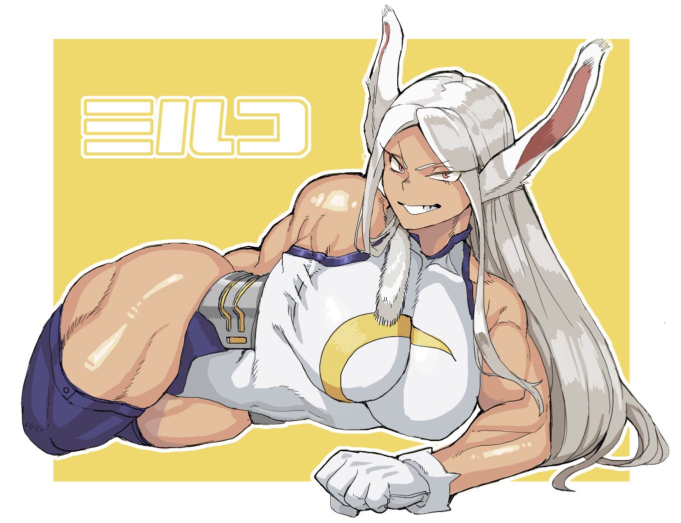 1girls, athletic, athletic female, bunny ears, dark skin, dark-skinned female, female, female only, fully clothed, kemonomimi, kugara4423, leotard, looking at viewer, miruko, muscular, muscular female, muscular thighs, my hero academia, red eyes, rumi usagiyama, smile, solo, superheroine, tomboy, white hair