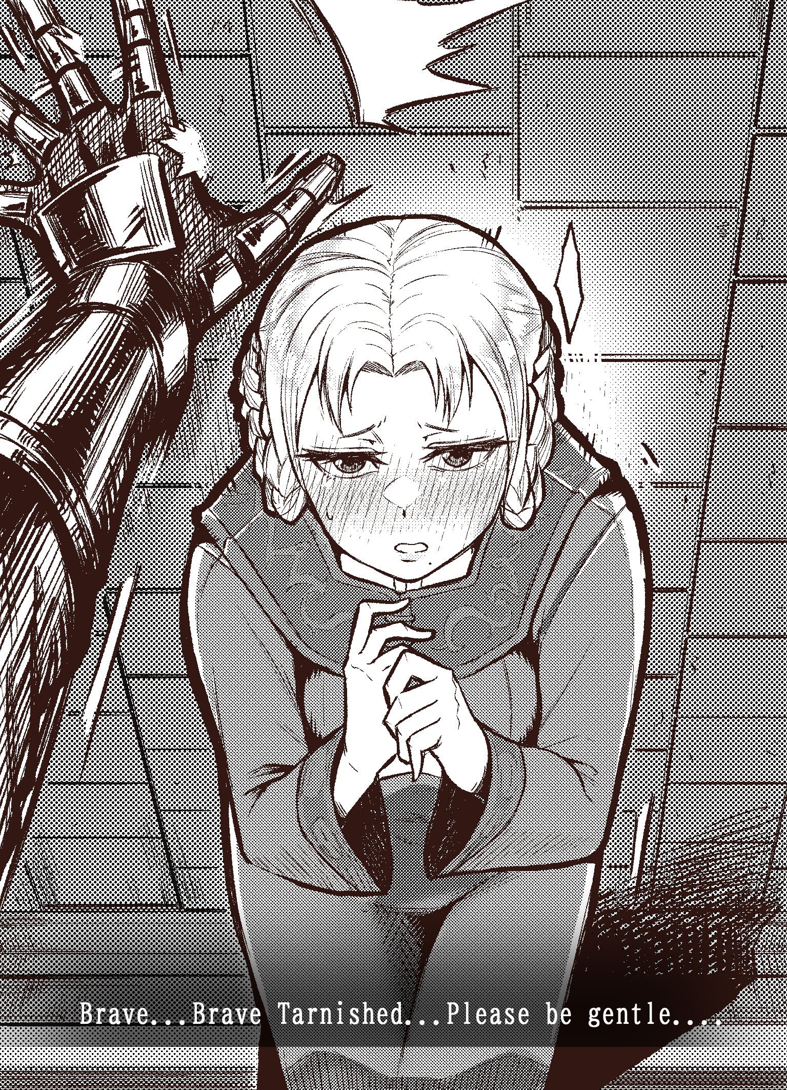 1girls, 2022, blushing, clothing, elden ring, english text, female, fromsoftware, kabedon, male, male pov, nervous, pov, rya (elden ring), tarnished, text, tight clothing, ysdoggy