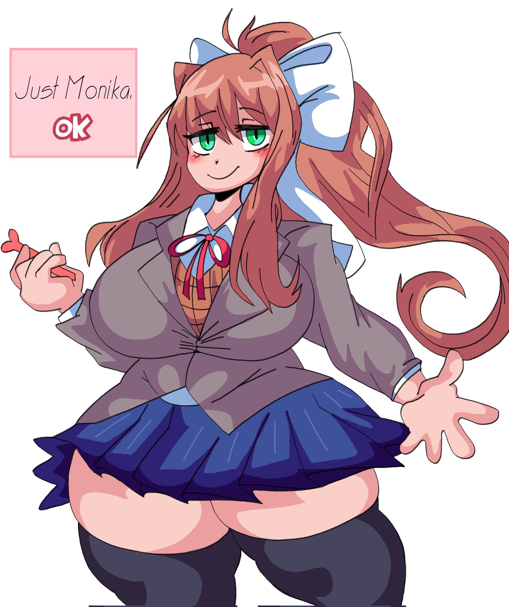 1girls, blush, bow, brown hair, doki doki literature club, dork boi, female, green eyes, lewd dorky, long hair, looking at viewer, monika (doki doki literature club), school uniform, simple background, skirt, smile, solo, solo female, text, thick thighs, thighhighs, thunder thighs, voluptuous, white background, white bow