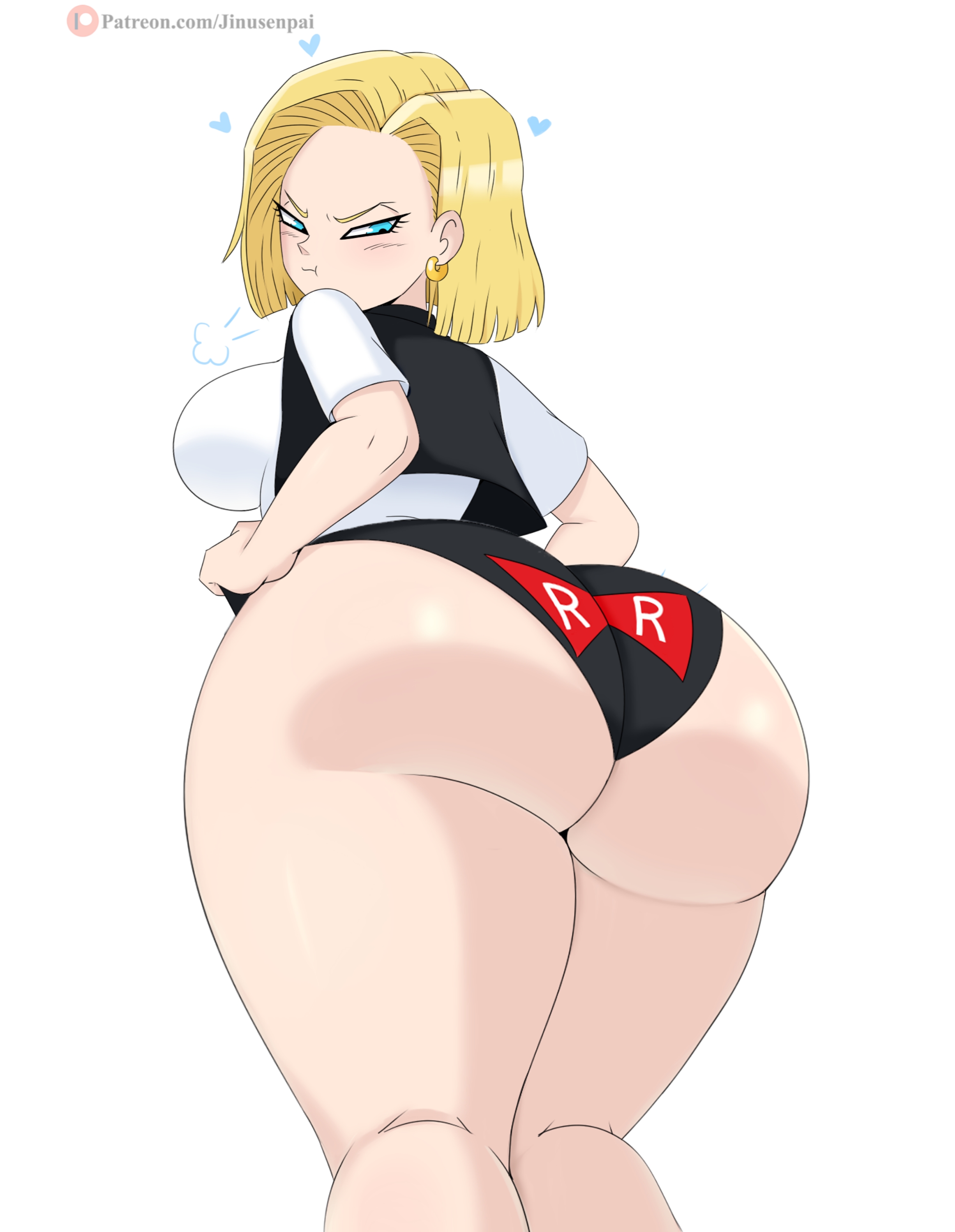 1girls, android, android 18, annoyed, ass, ass too big, bare legs, barely contained, barely contained ass, barely fits, big ass, big ass (female), big butt, big thighs, black panties, blonde hair, curvaceous, curvy, dragon ball, dragon ball super, dragon ball z, fat ass, fat butt, female, female only, huge ass (female), inconvenient ass, inconvenient butt, jinu, large ass, large butt, looking at own ass, looking at own butt, looking back at ass, looking back at self, looking over shoulder, narrow shoulders, no pants, panties, plump ass, red ribbon, round ass, round butt, short blonde hair, showing off ass, solo, thick, thick ass, thick thighs, tight pants, white background, wide hips