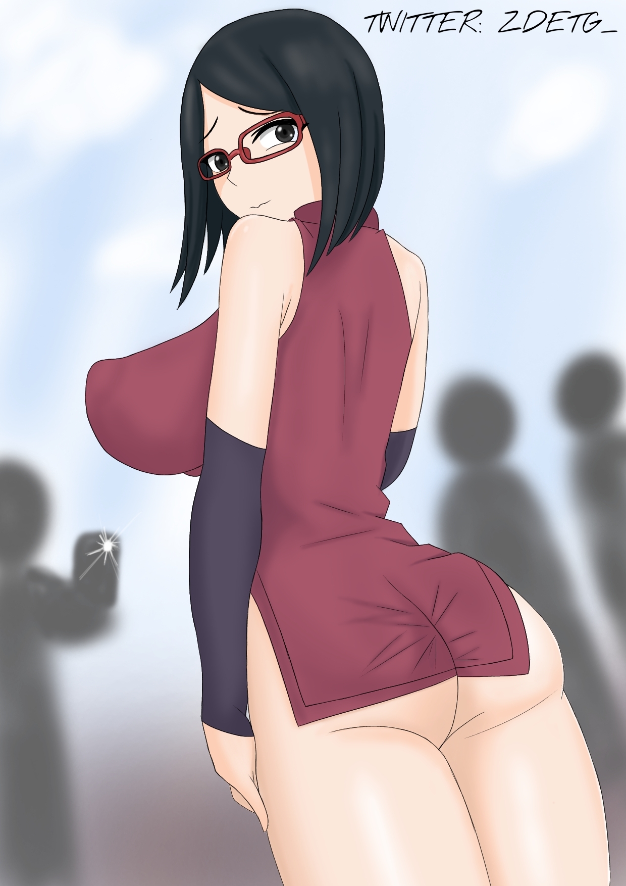 1girls, arm warmers, armwear, ass, bare shoulders, big breasts, black eyes, black hair, bob cut, boruto: naruto next generations, bottomless, breasts, busty, erect nipples, female, female focus, female only, glasses, large breasts, light skin, light-skinned female, looking at viewer, looking back, medium hair, naruto, naruto (series), nipple bulge, nipples, nipples visible through clothing, no panties, pale skin, pale-skinned female, presenting ass, presenting butt, sarada uchiha, short dress, shoulder length hair, shounen jump, shy, sleeveless shirt, solo, solo female, solo focus, standing, thick thighs, thighs, tight clothing, voyeur, voyeurism, zdetg
