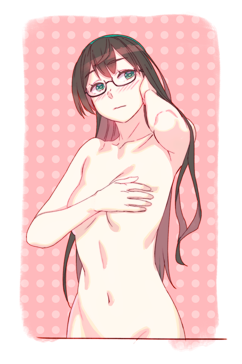 3: black_hair blue_eyes breasts covering covering_breasts female female_only female_solo hairband high_resolution kantai_collection long_hair megane navel nude ooyodo_(kantai_collection) pink_background polka_dot polka_dot_background small_breasts solo yuuji_(and)