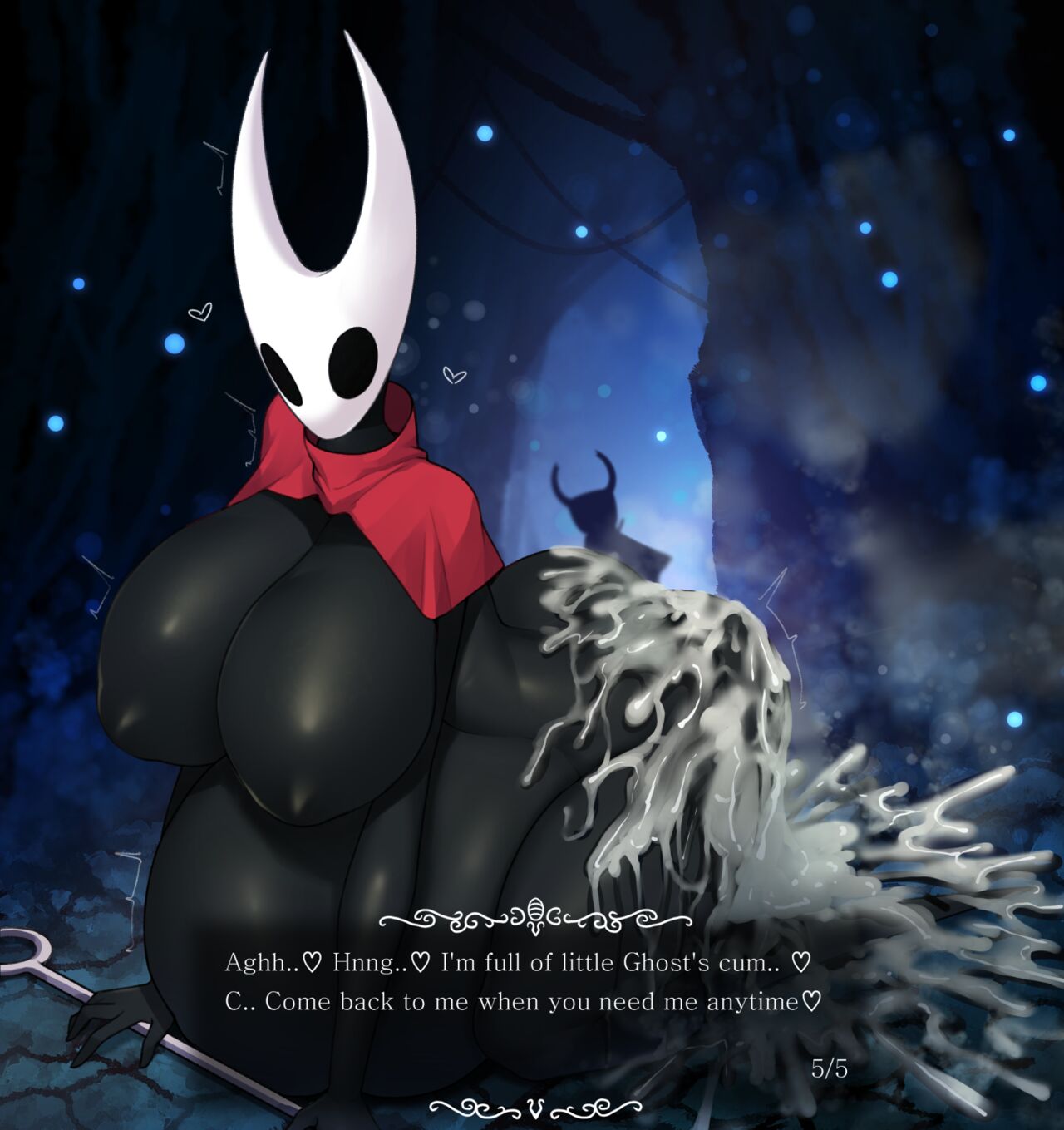 1boy, 1girls, ass, balls, big ass, big balls, big breasts, big penis, black body, breasts, cum, cum in ass, cum in pussy, cum inflation, cum inside, cumflated belly, cumflation, excessive cum, female, gigantic breasts, hollow knight, hornet (hollow knight), huge breasts, impregnation, inbreeding, incest, inflation, left alone after sex, male, penis, pussy, siblings, sinensian, the knight (hollow knight)