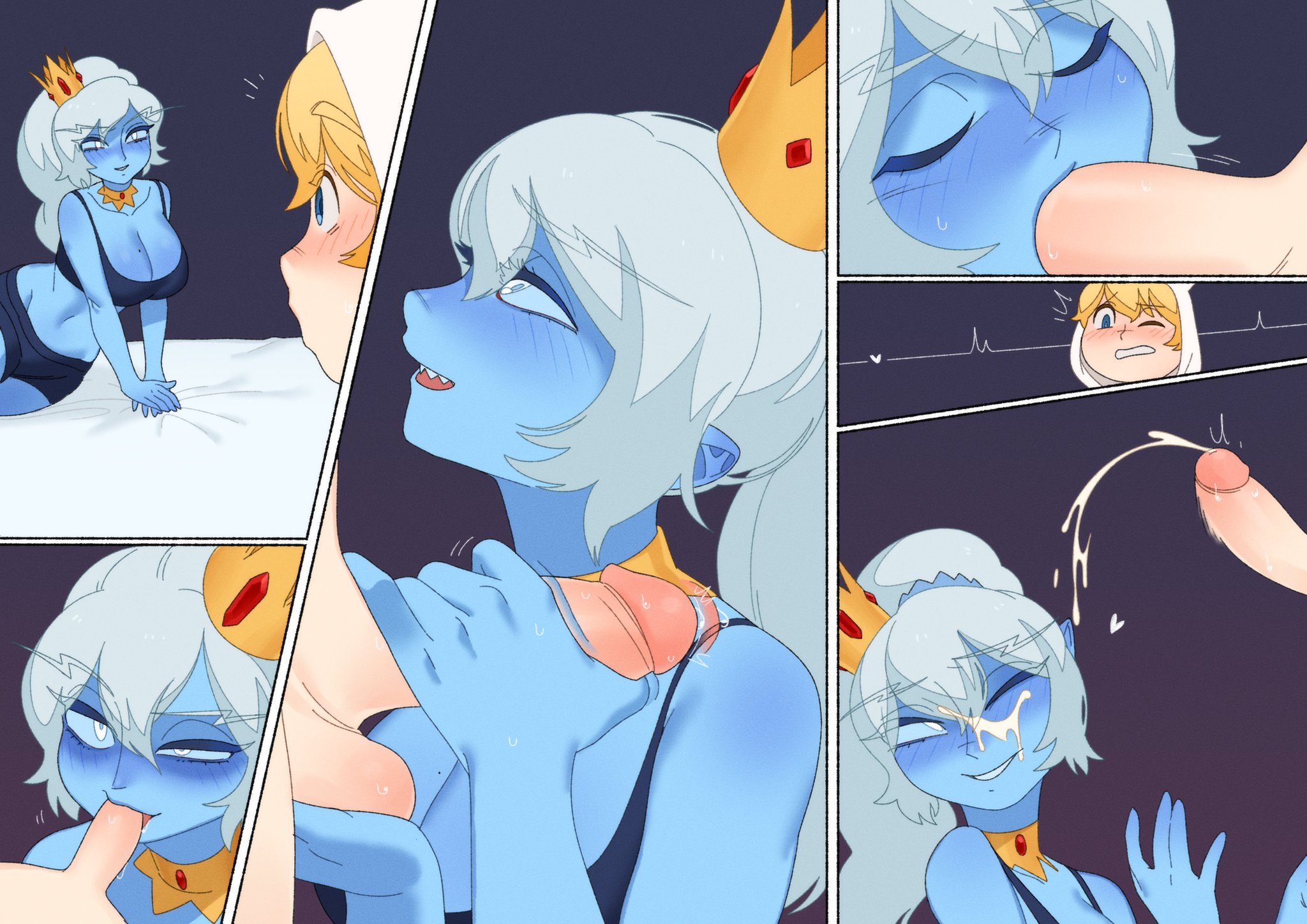 1boy, 1girls, adventure time, balloon 19, balls, balls grab, big breasts, blonde hair, blowjob, blue eyes, blue skin, blush, breasts, cartoon network, crown, cum, cum on face, cumshot, drosophyllum, ejaculation, fellatio, female, finn the human, handjob, ice queen (adventure time), long hair, male, oral, penis, short hair, straight, white hair