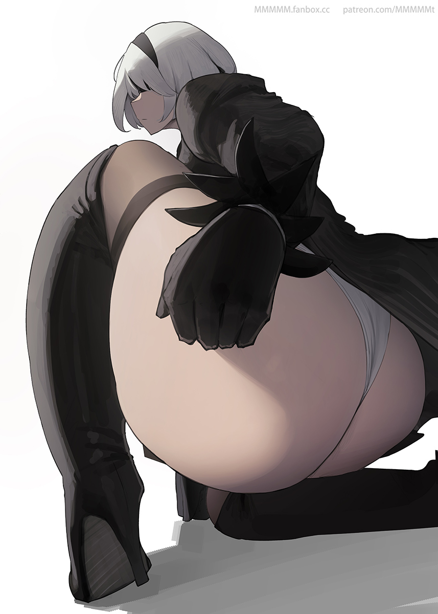 1girls, ass, big ass, big butt, blindfold, fat ass, female, female only, gloves, high heels, huge ass, huge butt, large ass, leotard, mmmmmkun, nier: automata, short hair, solo, solo female, thick ass, thighhighs, white hair, yorha 2b